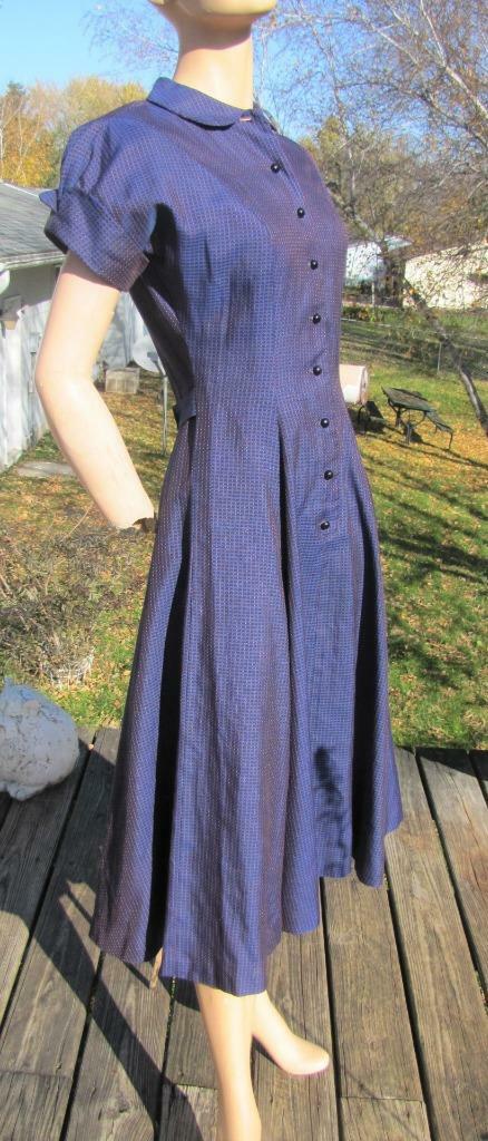 1940S NAVY & RED FITTED DRESS FLAIR SKIRT SHOULDER PADS PRINCESS SEAMS 26W