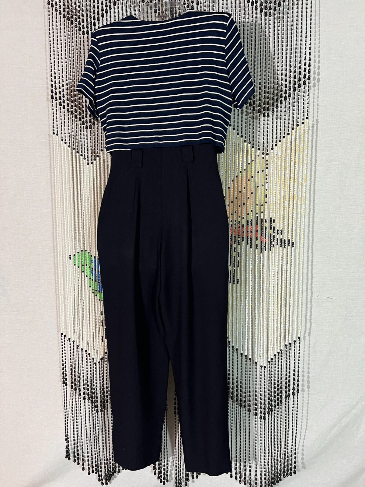 VTG 80s MENU Jumpsuit Navy Blue Attached White Striped Cropped Jacket Disco SZ 6