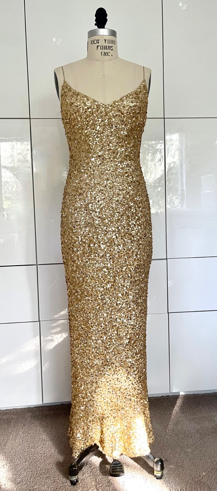 Vintage Gold Sequin, Formal Or Prom, Slip Dress. Size 6. Silk Bias Cut.