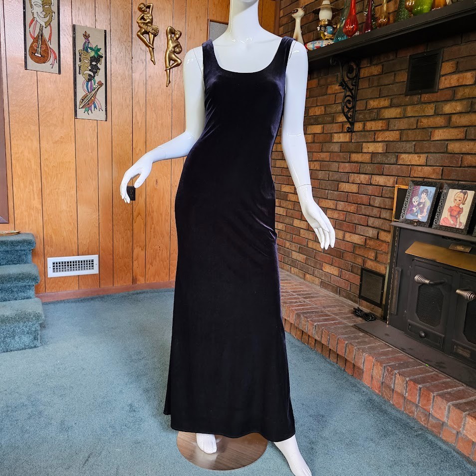 Vtg 90s Twist Back Niki Black Velvet Goth Mermaid Formal Evening Dress Gown XS/S