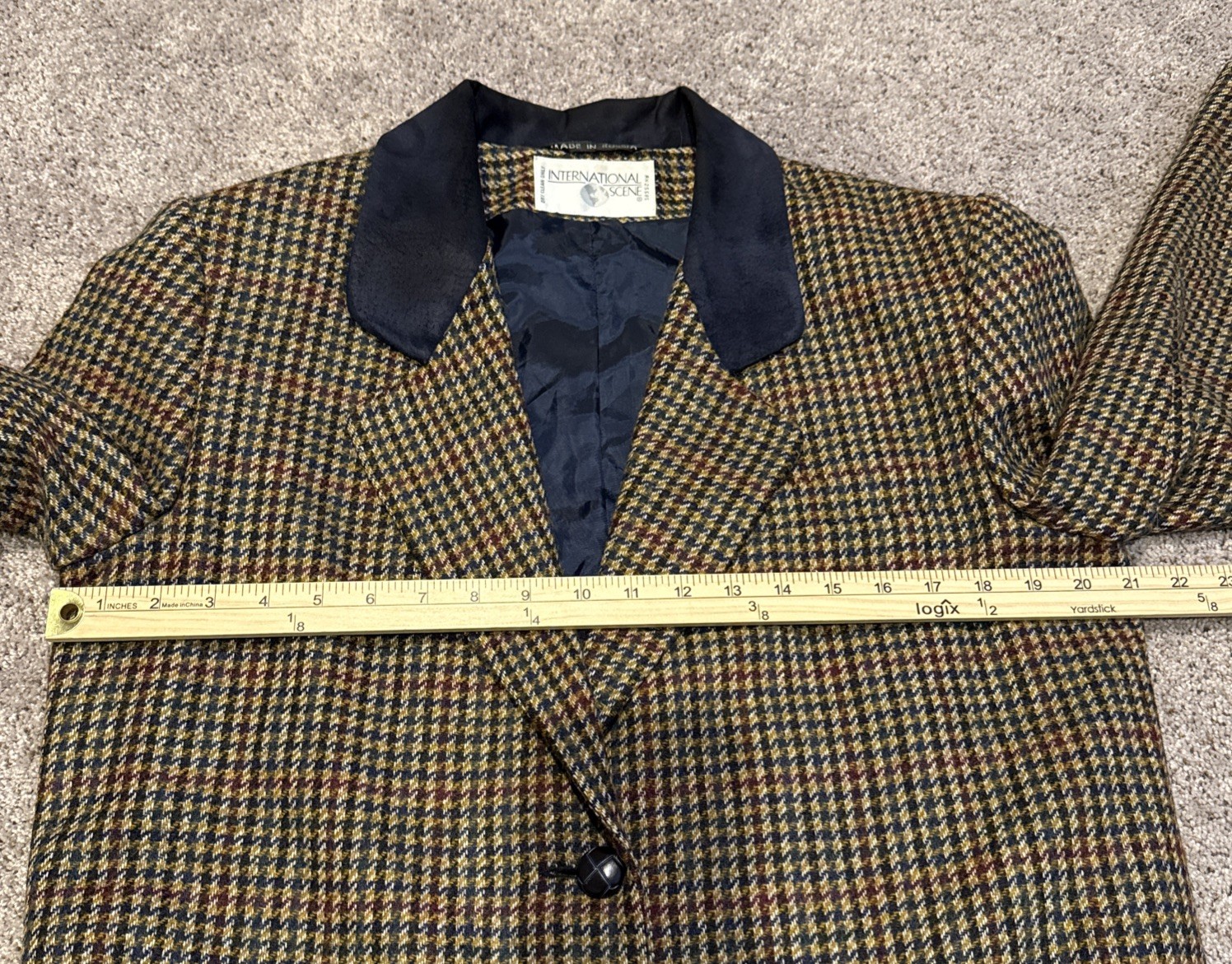 Vtg International Scene Wool Blazer Houndstooth Suede Collar Womens 10 Russia