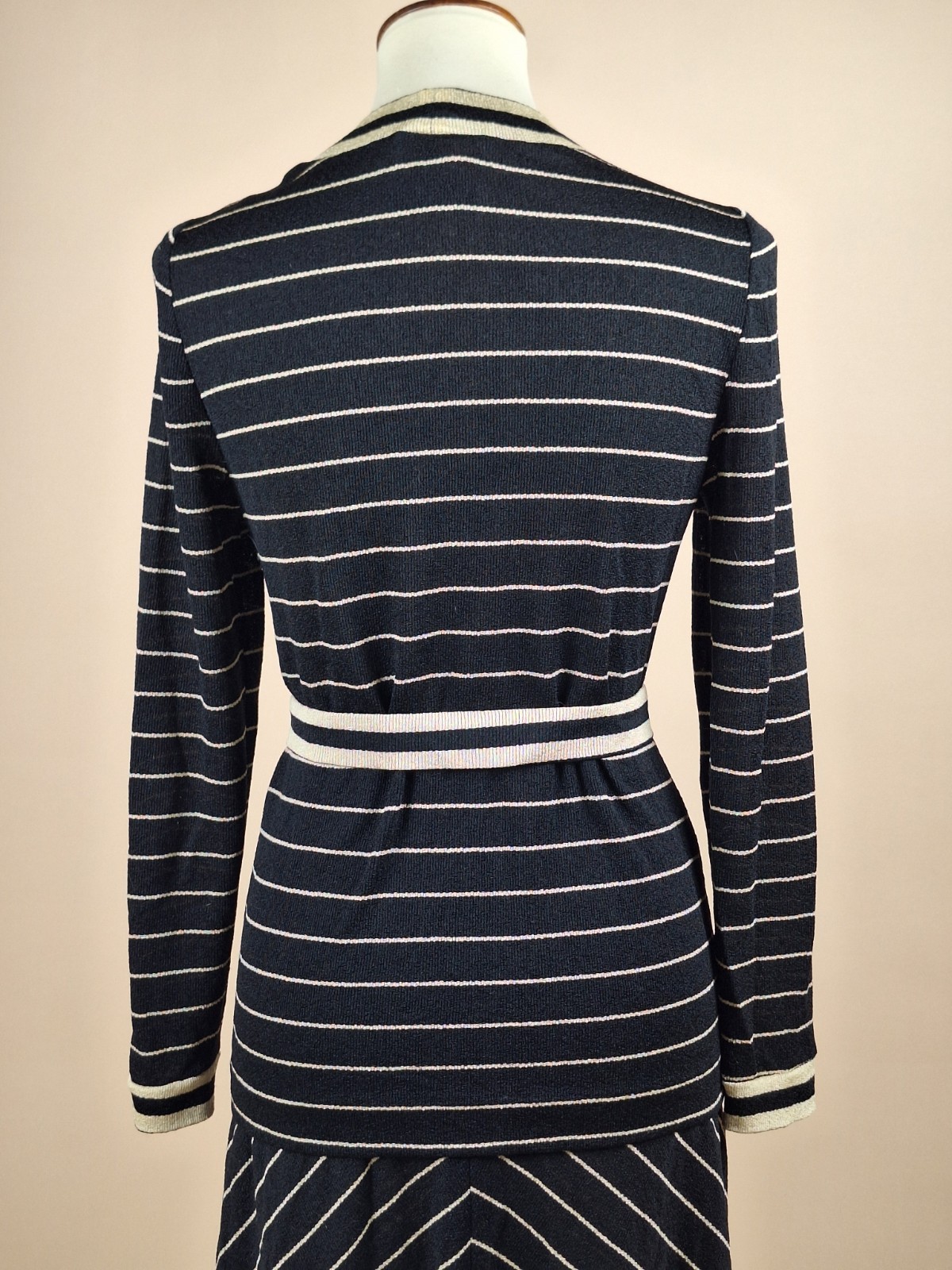 Vintage 1960s Black And Cream Knit Set Sweater Cardigan And Skirt With Ties