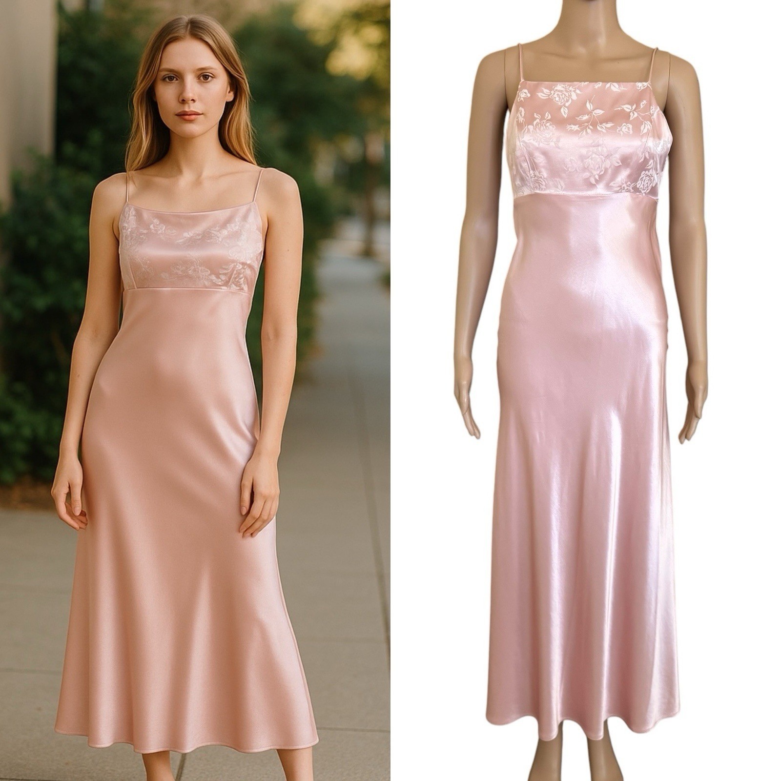 Be Smart Vintage 90s Pink Satin Floral Maxi Dress Corset Back Prom Gown 5/6