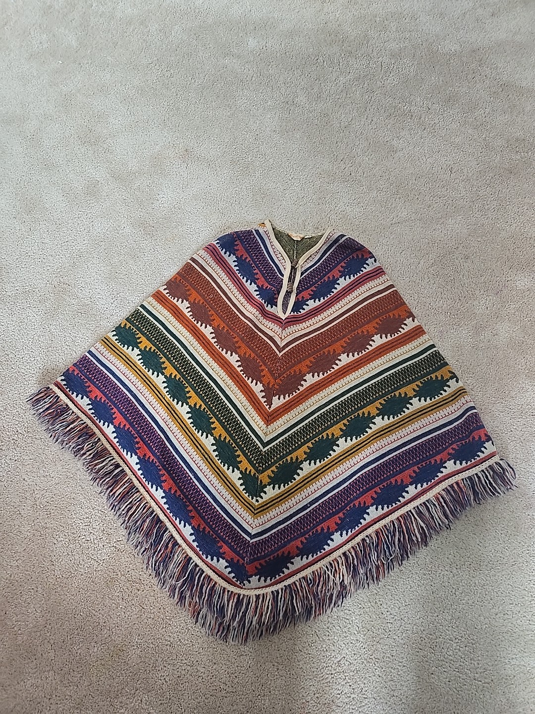 Vintage 1970s Sabra Knit Pullover Poncho Unisex Southwestern Design With Fringe