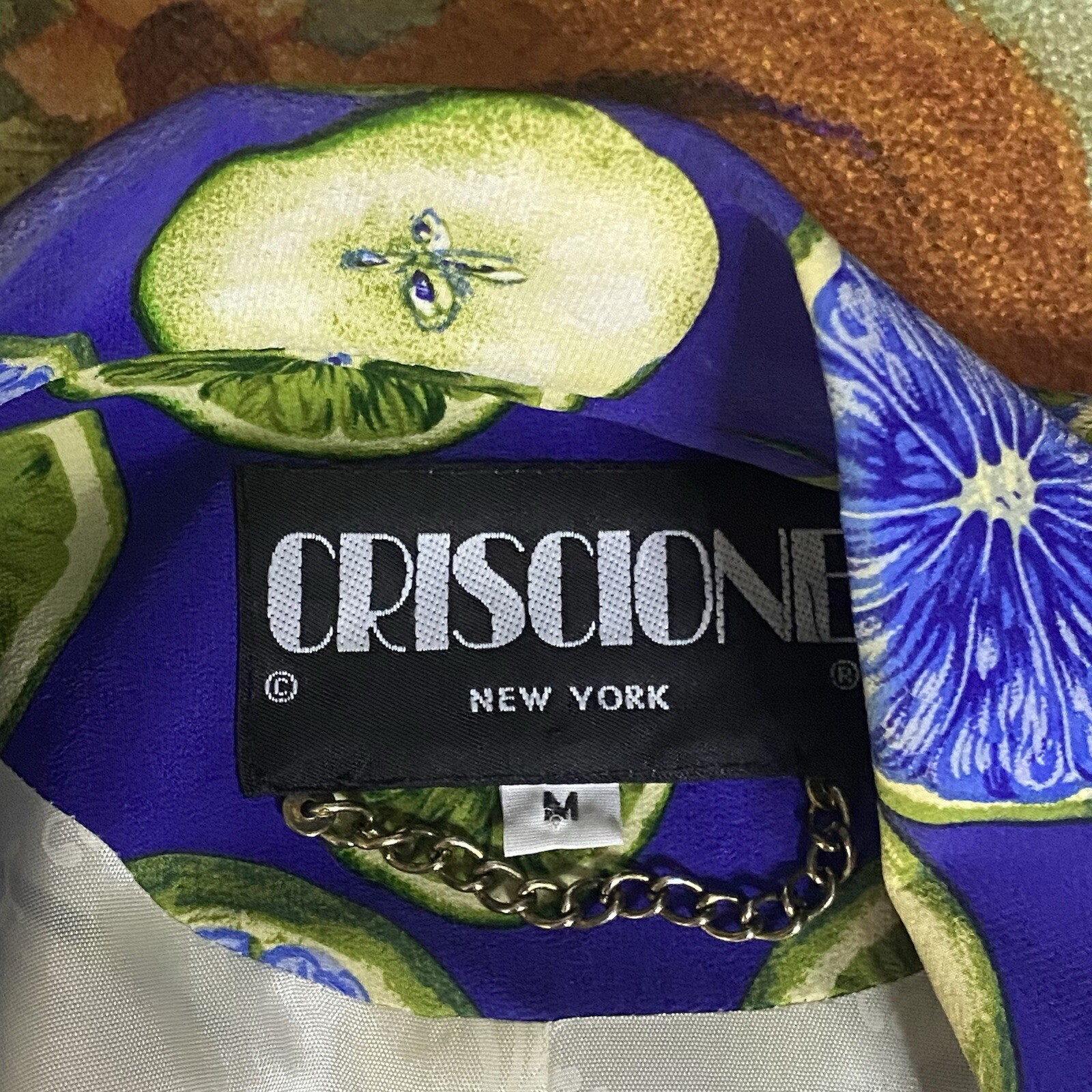 Gorgeous Vintage Silk one button fruit blazer in blues and greens. CRISCIONE NY