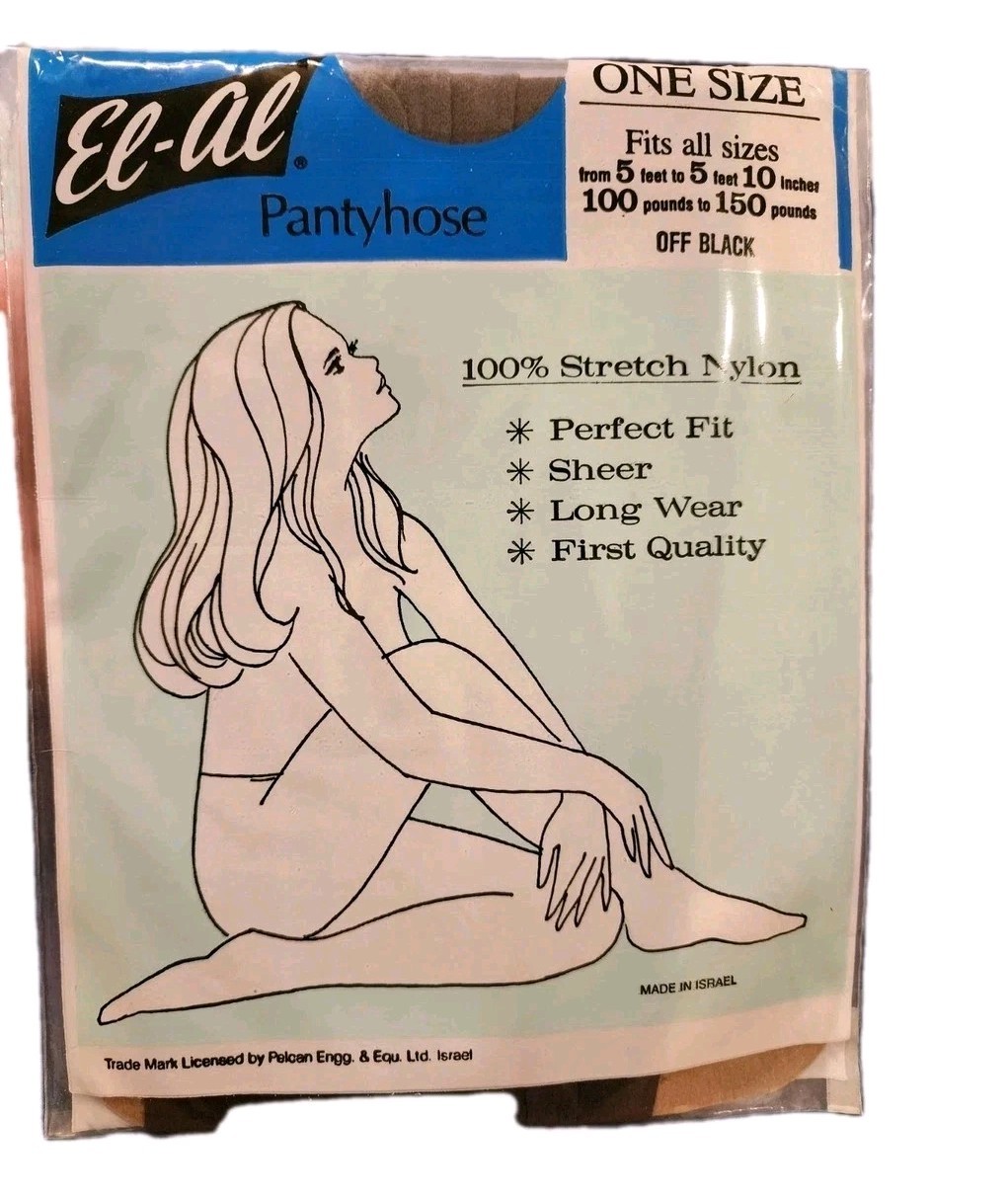 vintage EL-AL one-size off-black 100% stretch nylon pantyhose Made In Israel