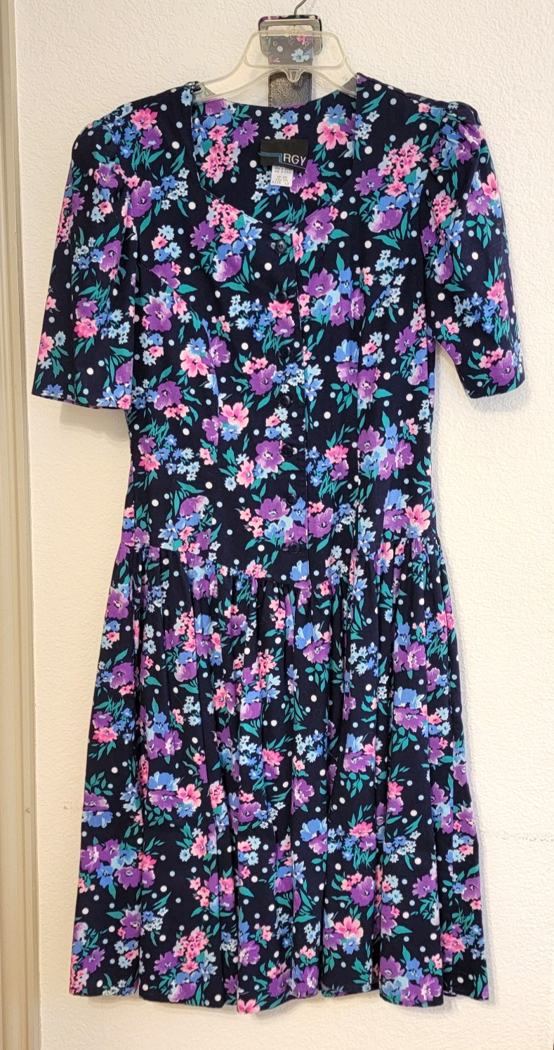 Vintage RGY 1980s/1990s Style Dropped Waist Blue Floral Dress Women’s Size 12