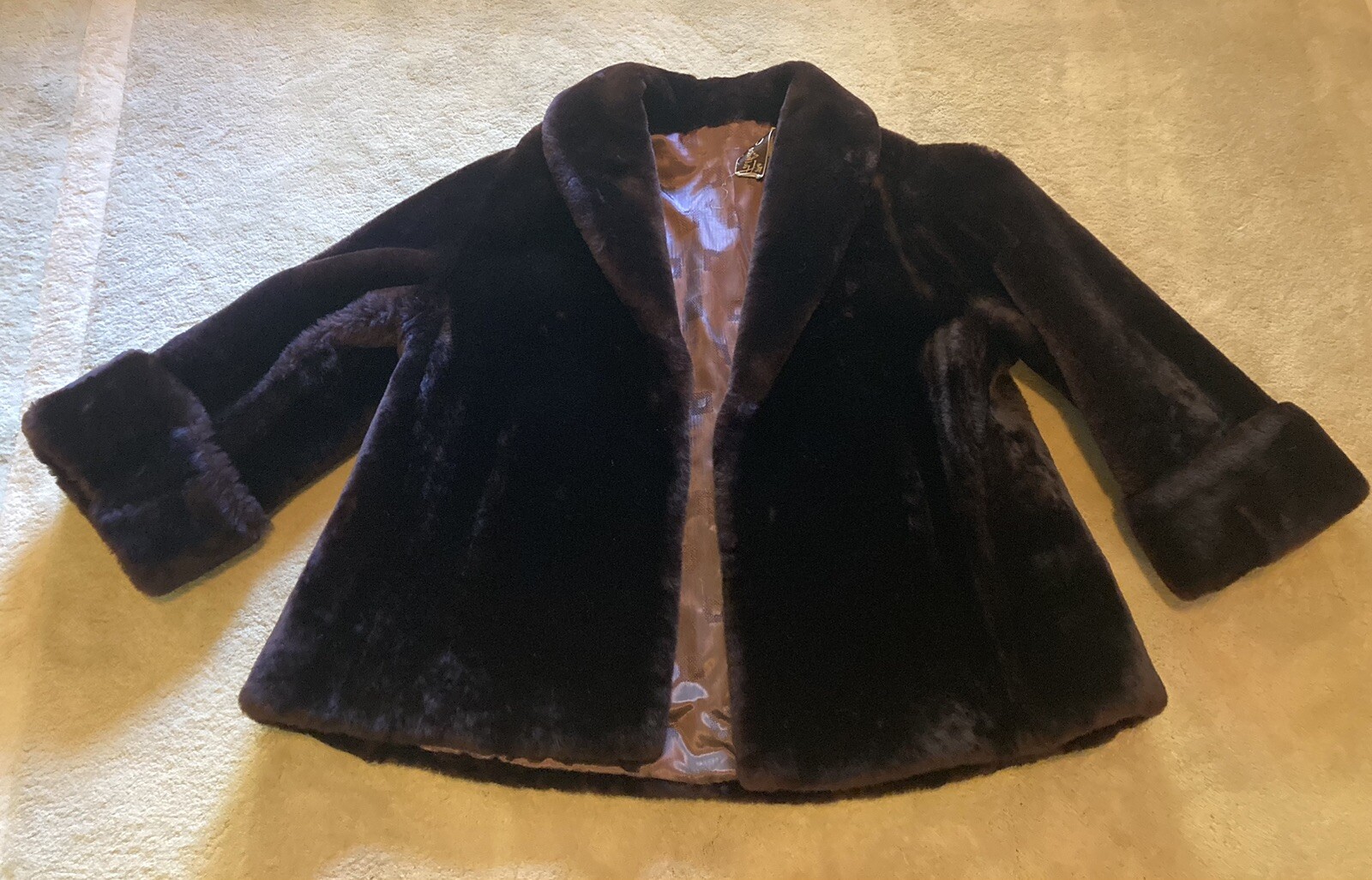 Vintage Heavy Genuine Mouton Lamb Shearling Fur Brown 3/4 Sleeves Sz. Med/Large
