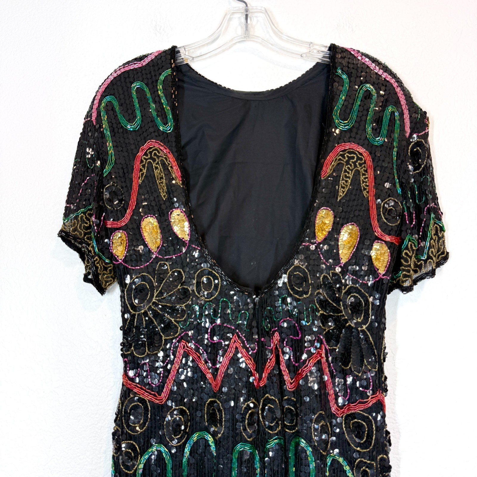 Vintage Sequin Beaded Dress Medium Silk Black 80s Backless Cocktail Party