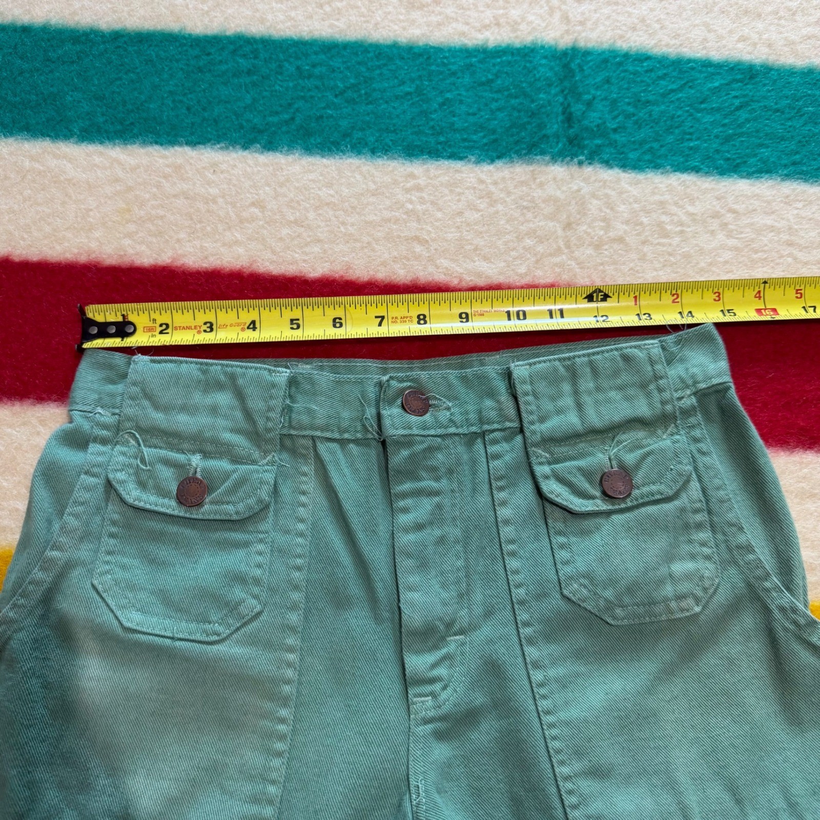 VTG 70s Green Denim Flared Pants Talon 42 Zip High Waist 29×29