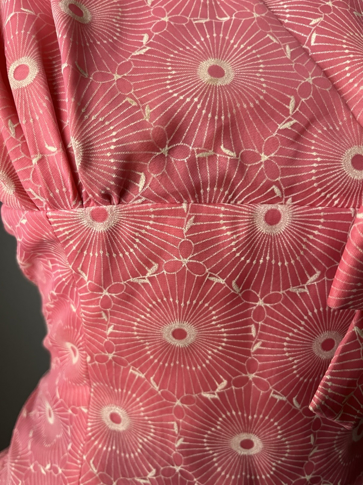Vintage 1950s Coral Pink pattern double layer Tea Dress | Rhinestone Bow Details