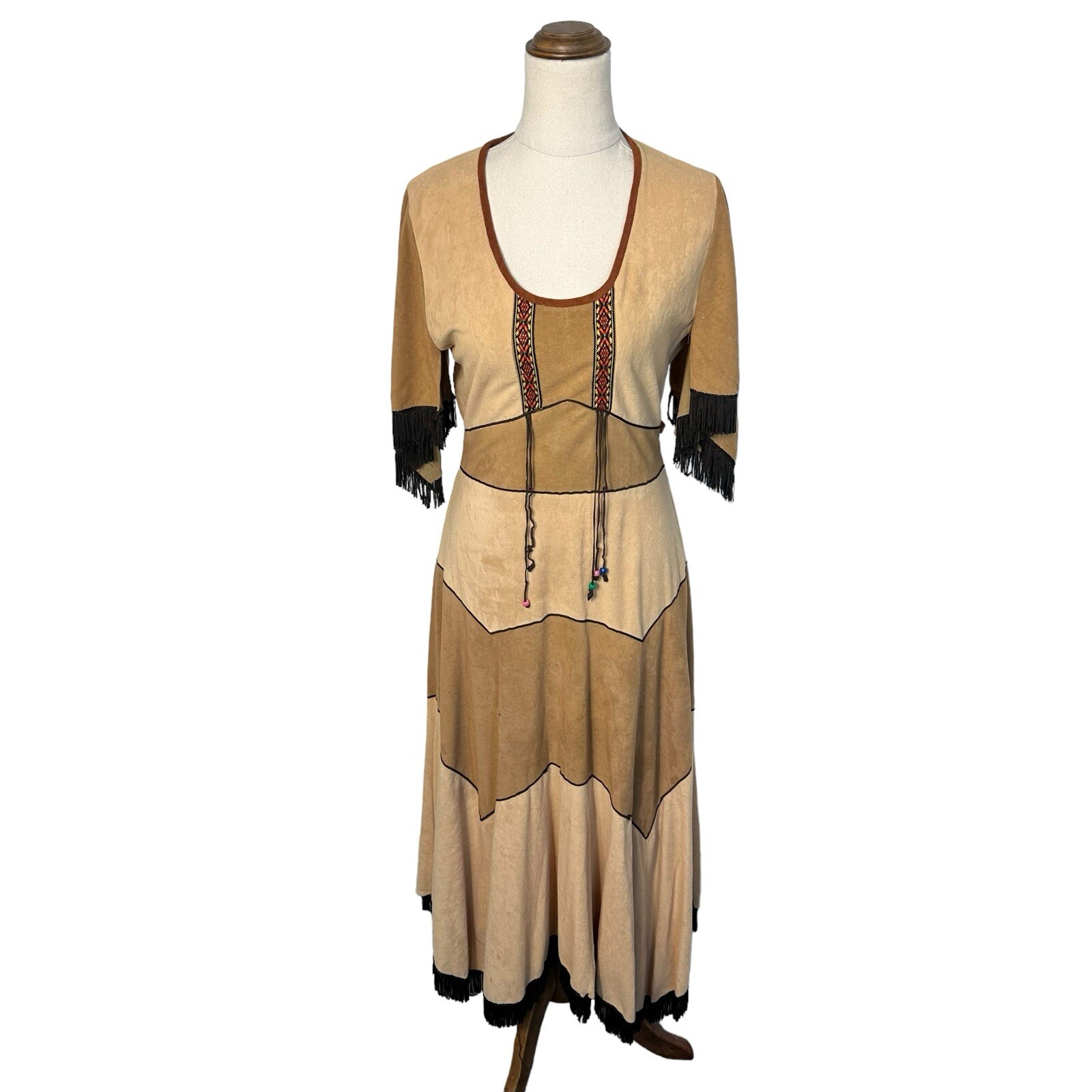 Vintage 70s C&A Brown Fringed Western Midi Dress Cowgirl Boho Festival Sz S