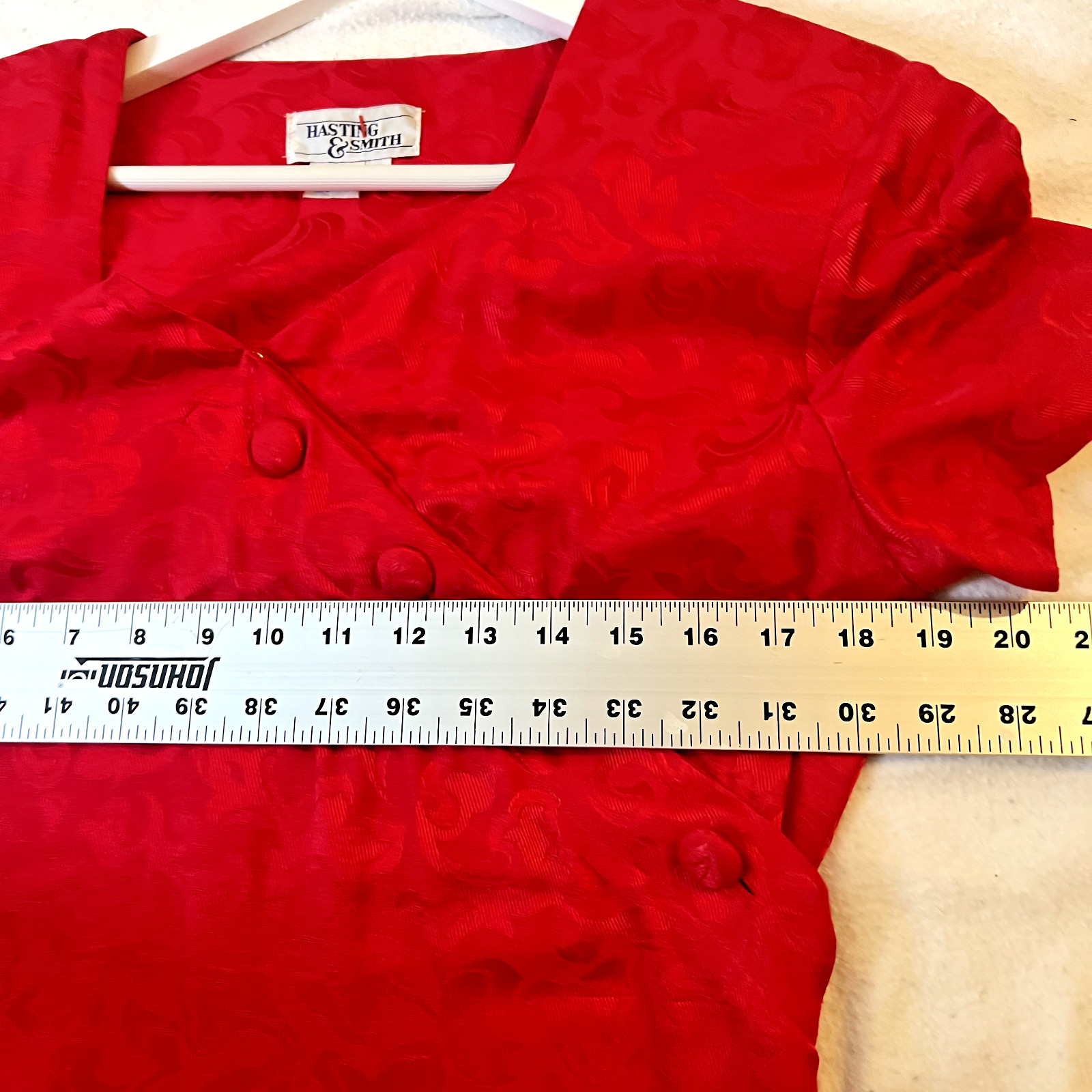 Hasting Smith Vtg Silk Dress 12 Red Jacquard Shoulder Pads 90’s Christmas Party