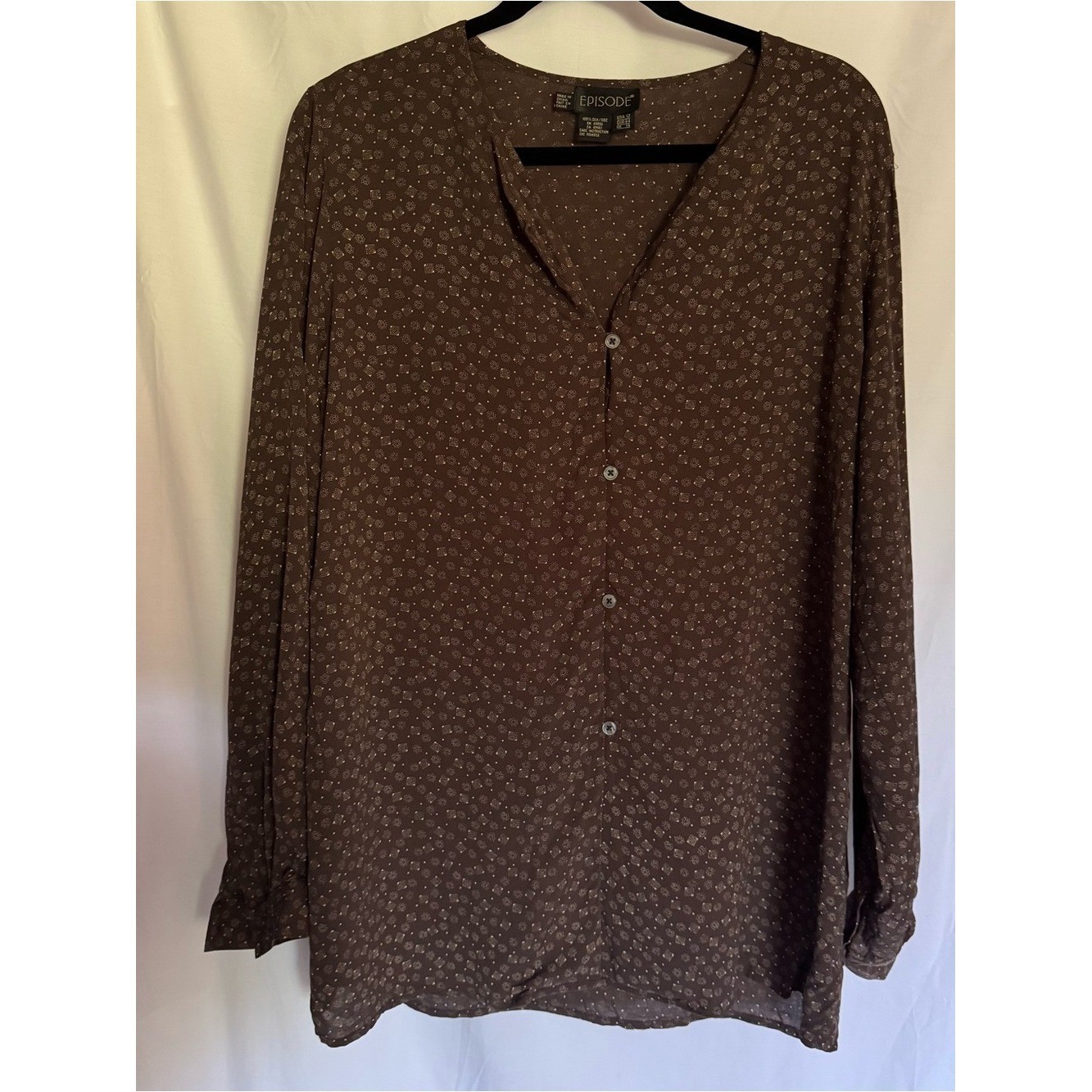 VTG EPISODE 100% Silk Blouse Size 12 Brown Geometric Dot V-Neck Button Up Shirt