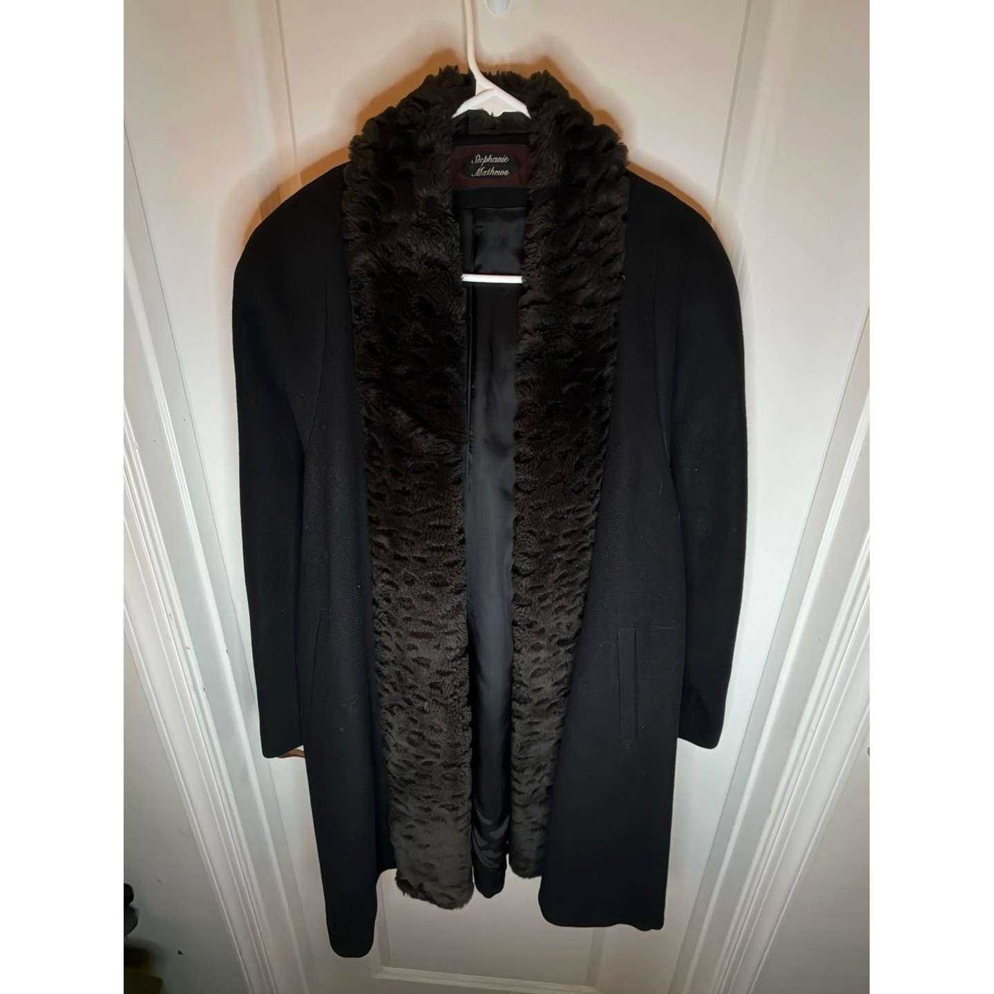 Vintage Stephanie Mathews Faux Fur Trimmed Wool Trench Coat Women’s Medium NWOT