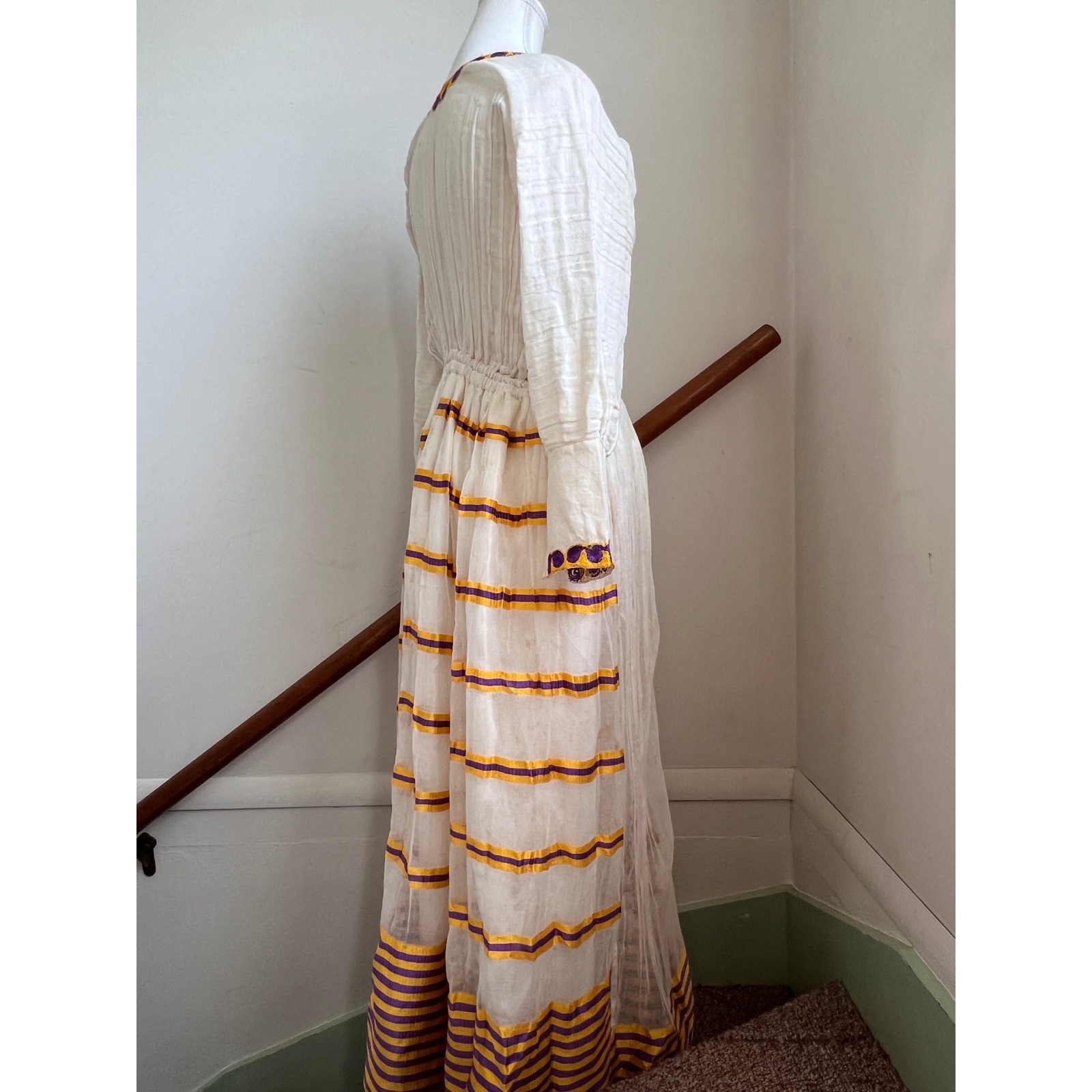 Vintage Embroidered 70s Maxi Dress White Gauze Cotton Purple Gold Tilla Boho