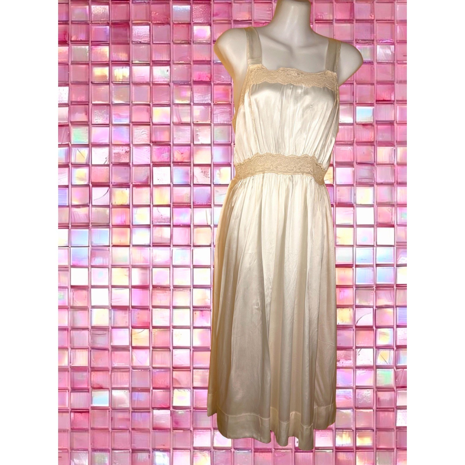 Vintage 1940s Textron Rayon Slip Dress | Cream Satin & Lace Lingerie