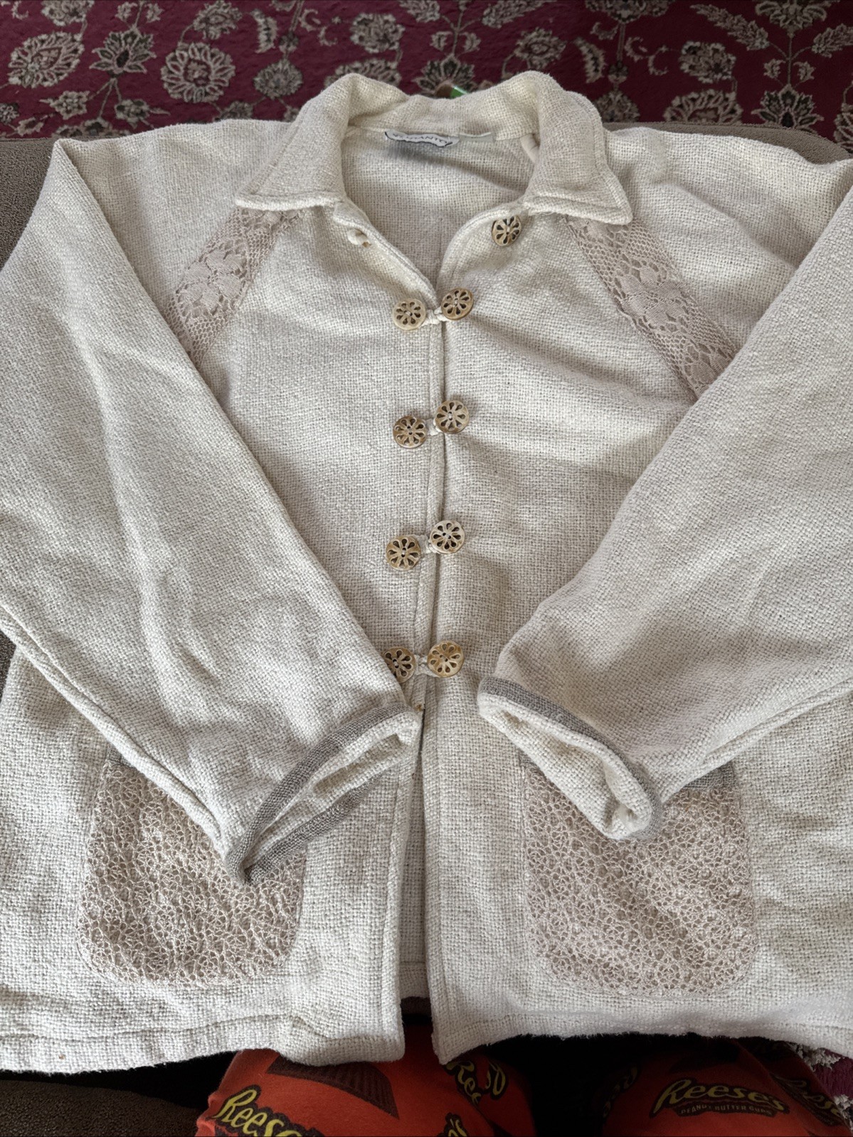 Vintage Gantos Women’s Large Beige Lace Cotton Linen Blend Jacket Blazer (JL)