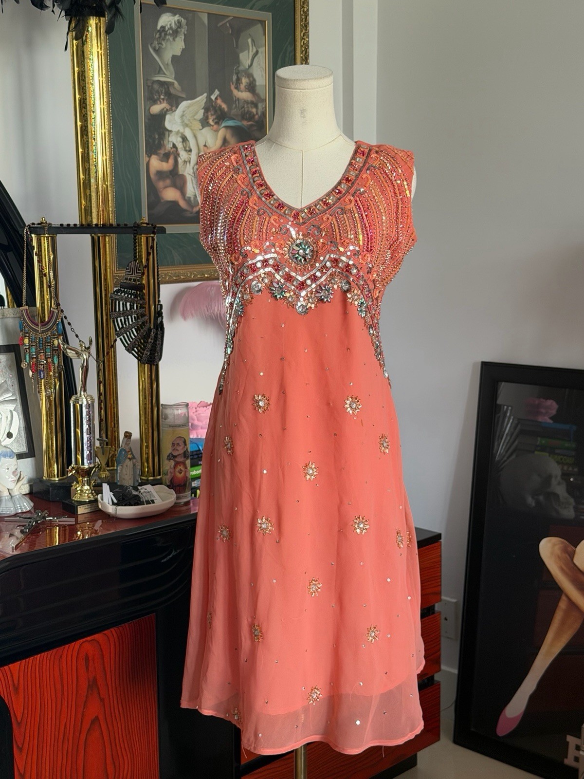 Vintage Heavily Beaded Coral Cocktail Dress Chiffon Rhinestone Party Size 40 M