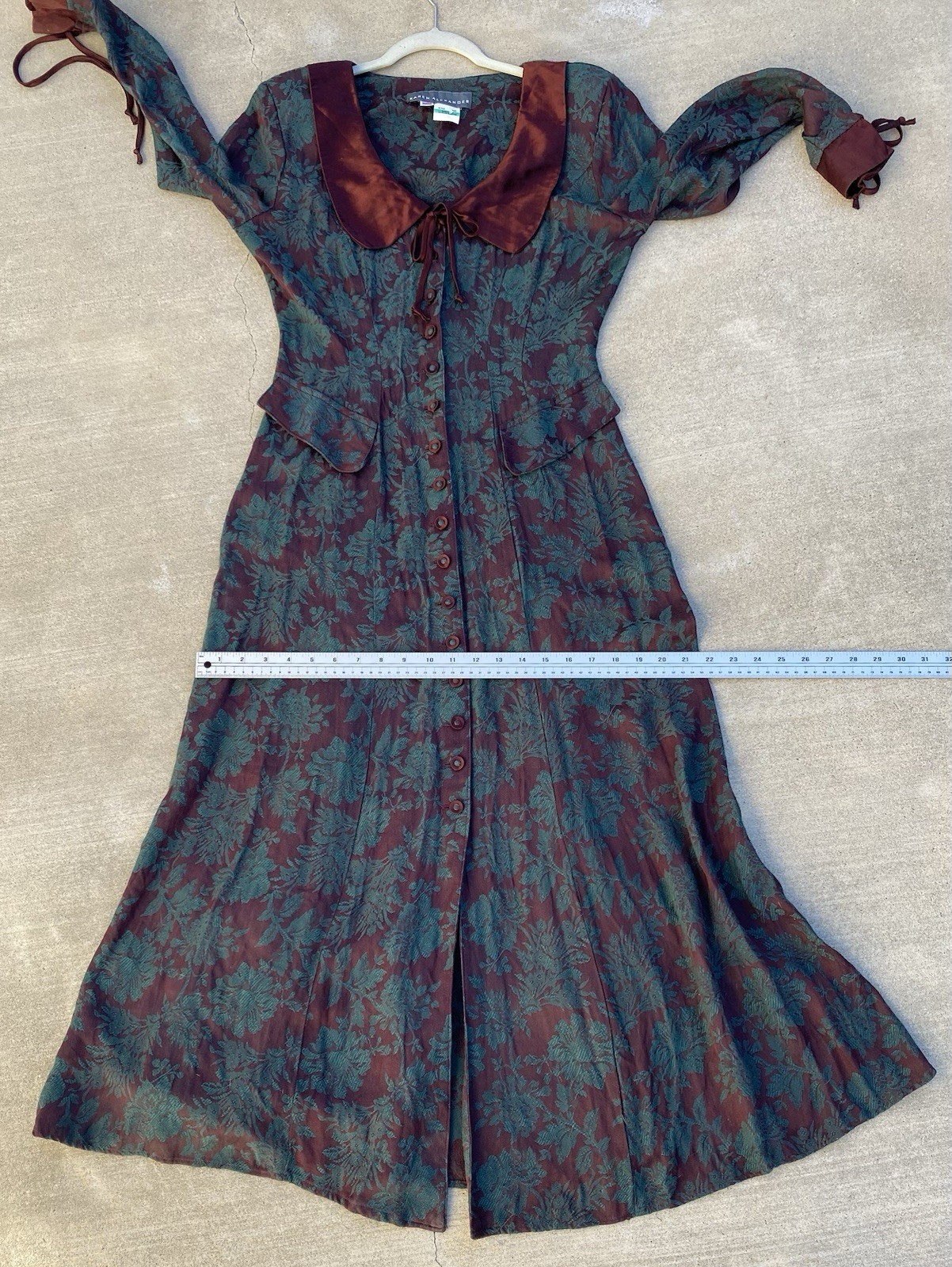 Vintage 80s 90s Karen Alexander Floral Jacquard Maxi Dress Burgundy Green USA 8