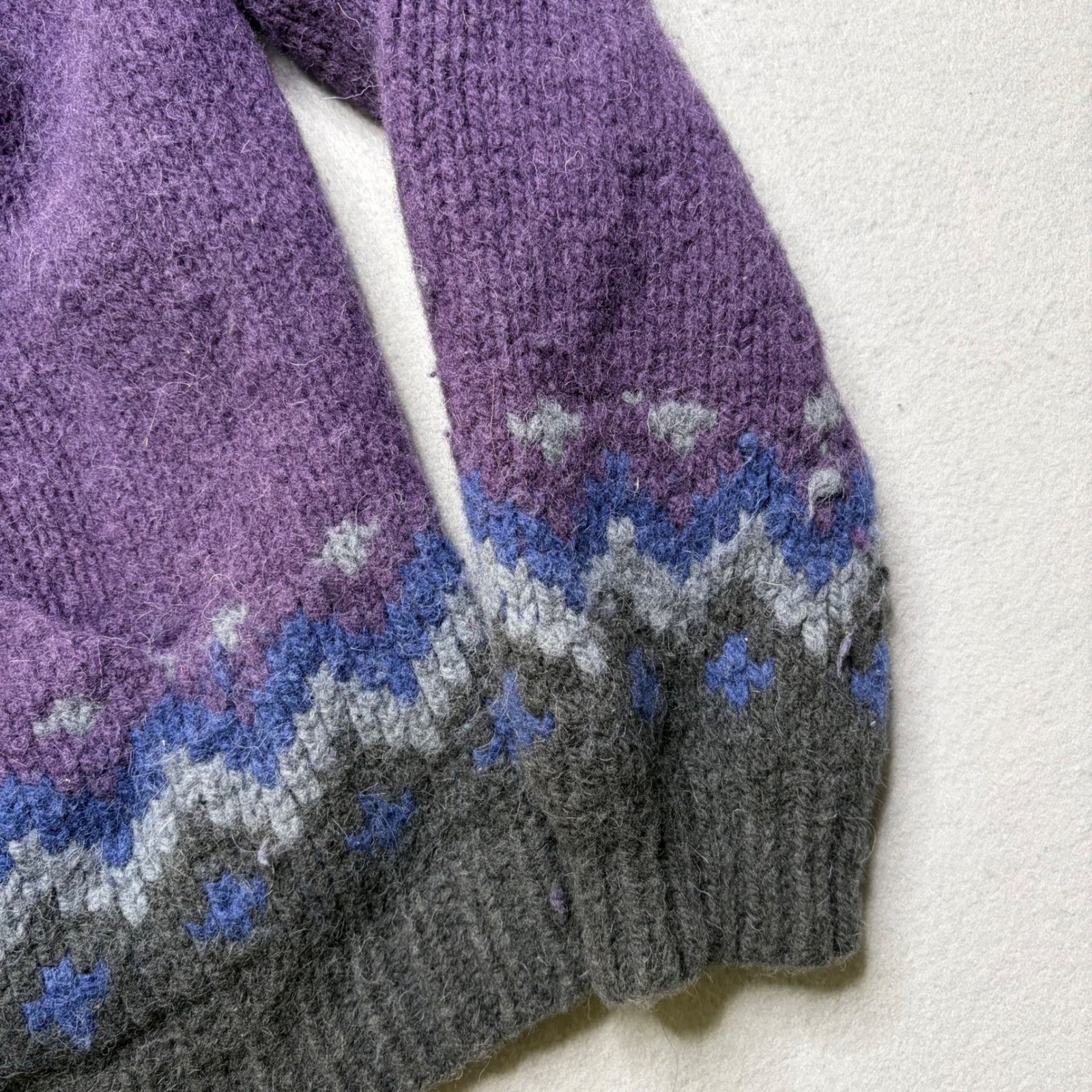 Bolivian Hand Knit Cardigan Women L Purple Teal Fair Isle Wool Vintage Sweater