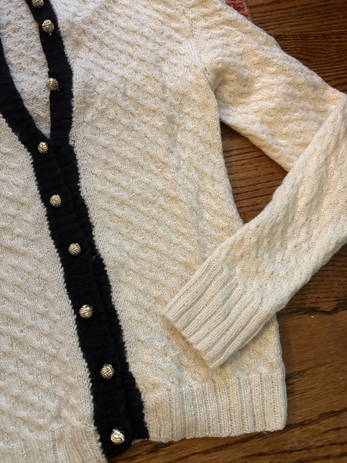 Vintage Wool Blend Knit Cardigan With Gold Buttons White And Black