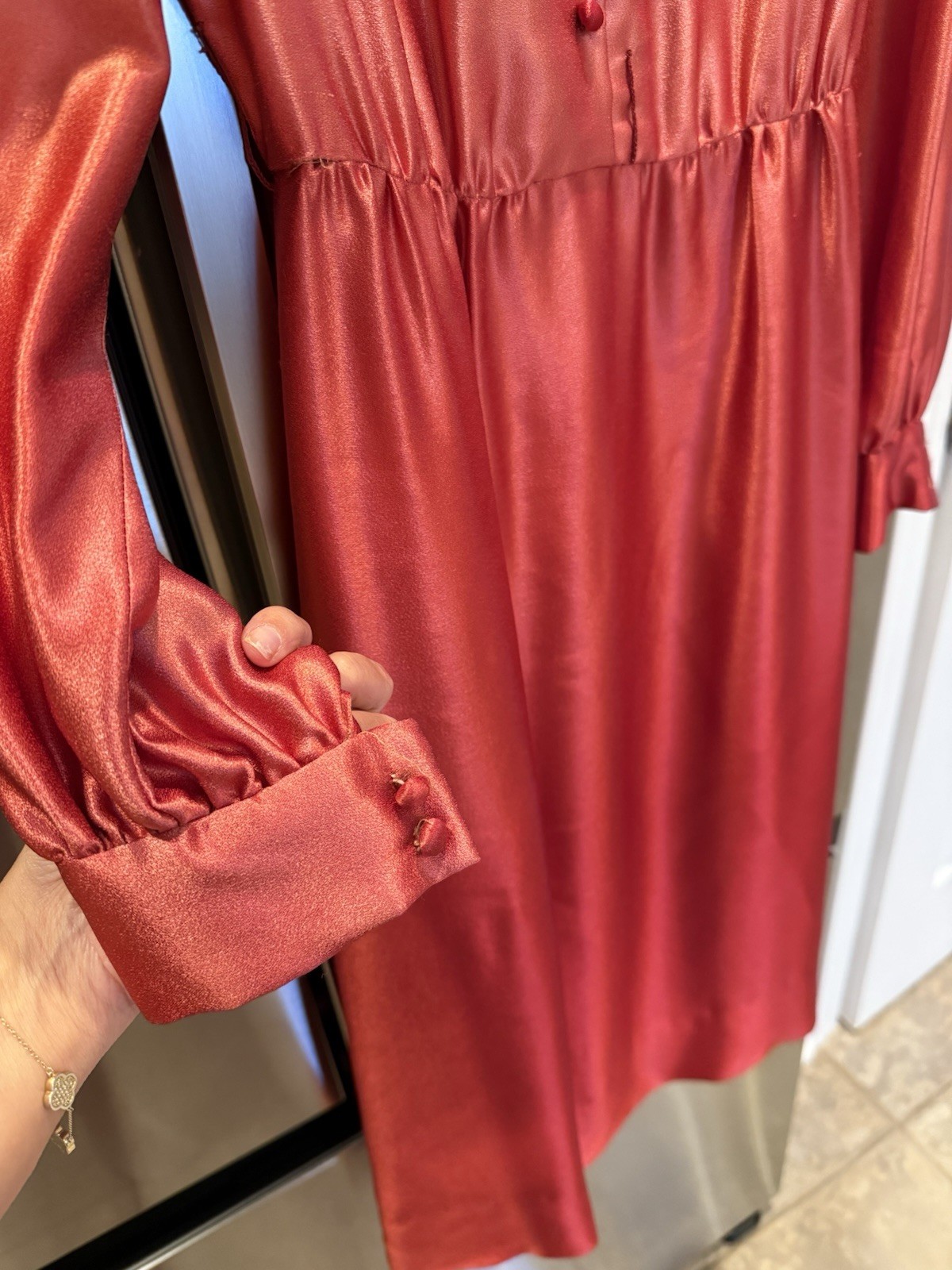 Vintage 70s Pat Sandler Ombre Pink Red Satin Dress Long Sleeve Midi Retro Small