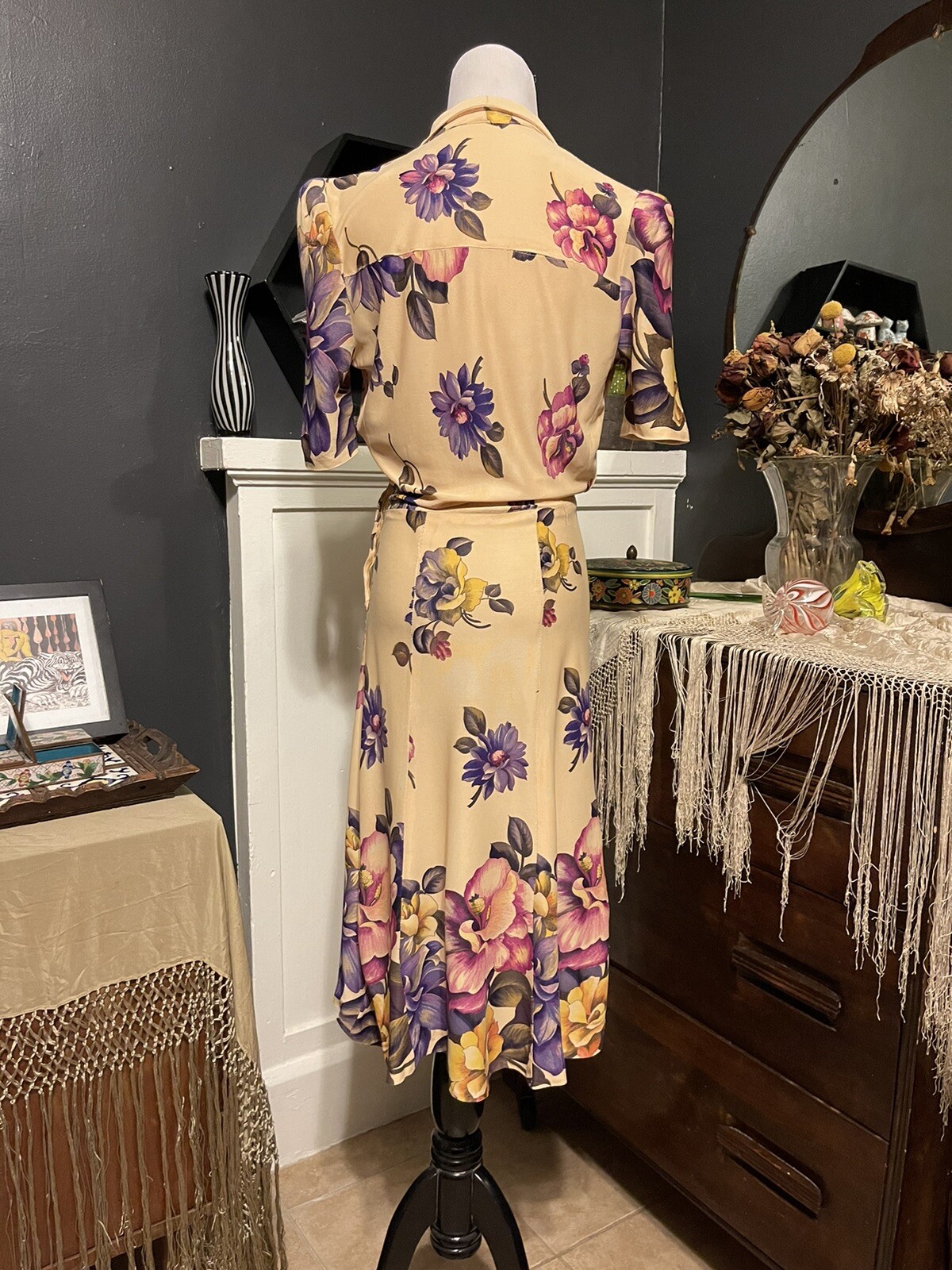 1930’s Rayon Jersey Magnolia Flower Dress | Purple Pink Yellow