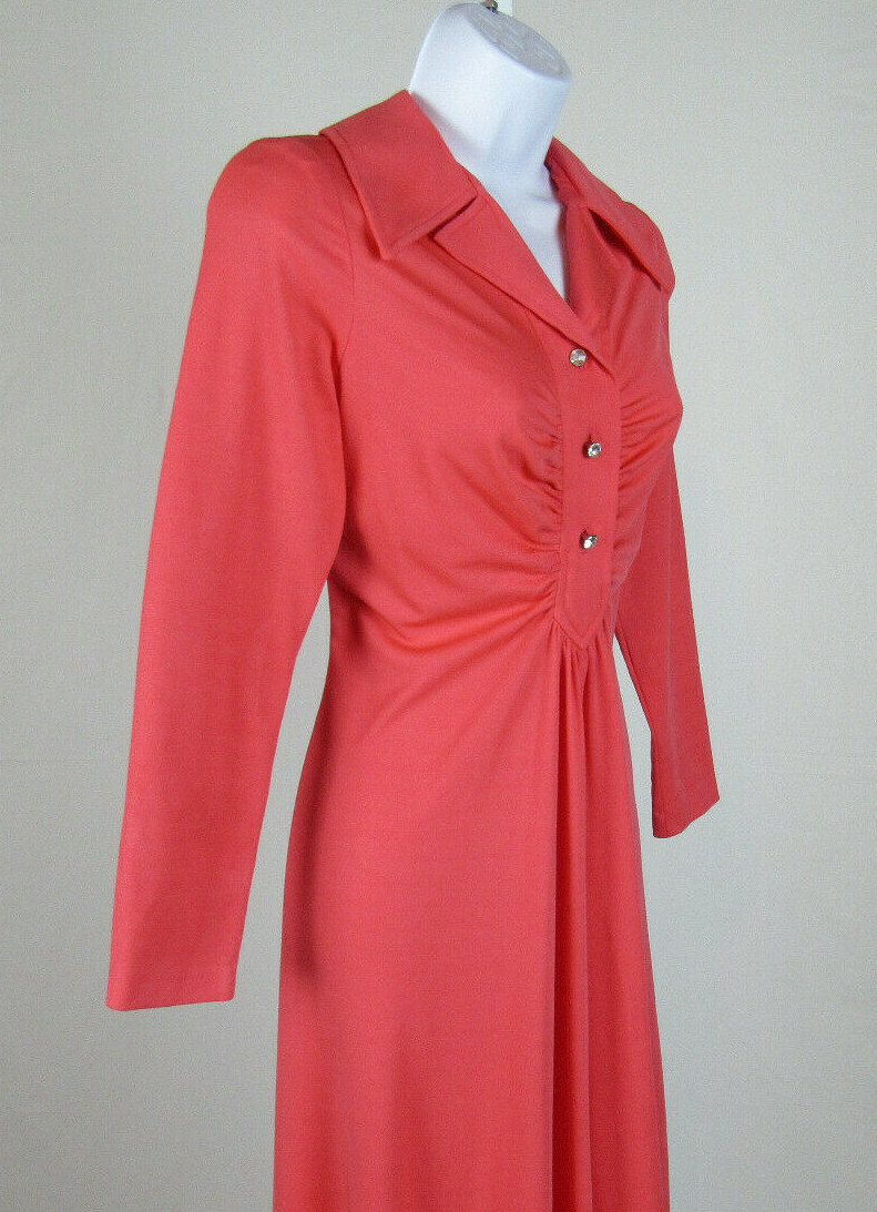 VTG 1960s JULIE MILLER OF CALIFORNIA MANDARIN DRESS CRYSTAL BUTTONS GATHERS