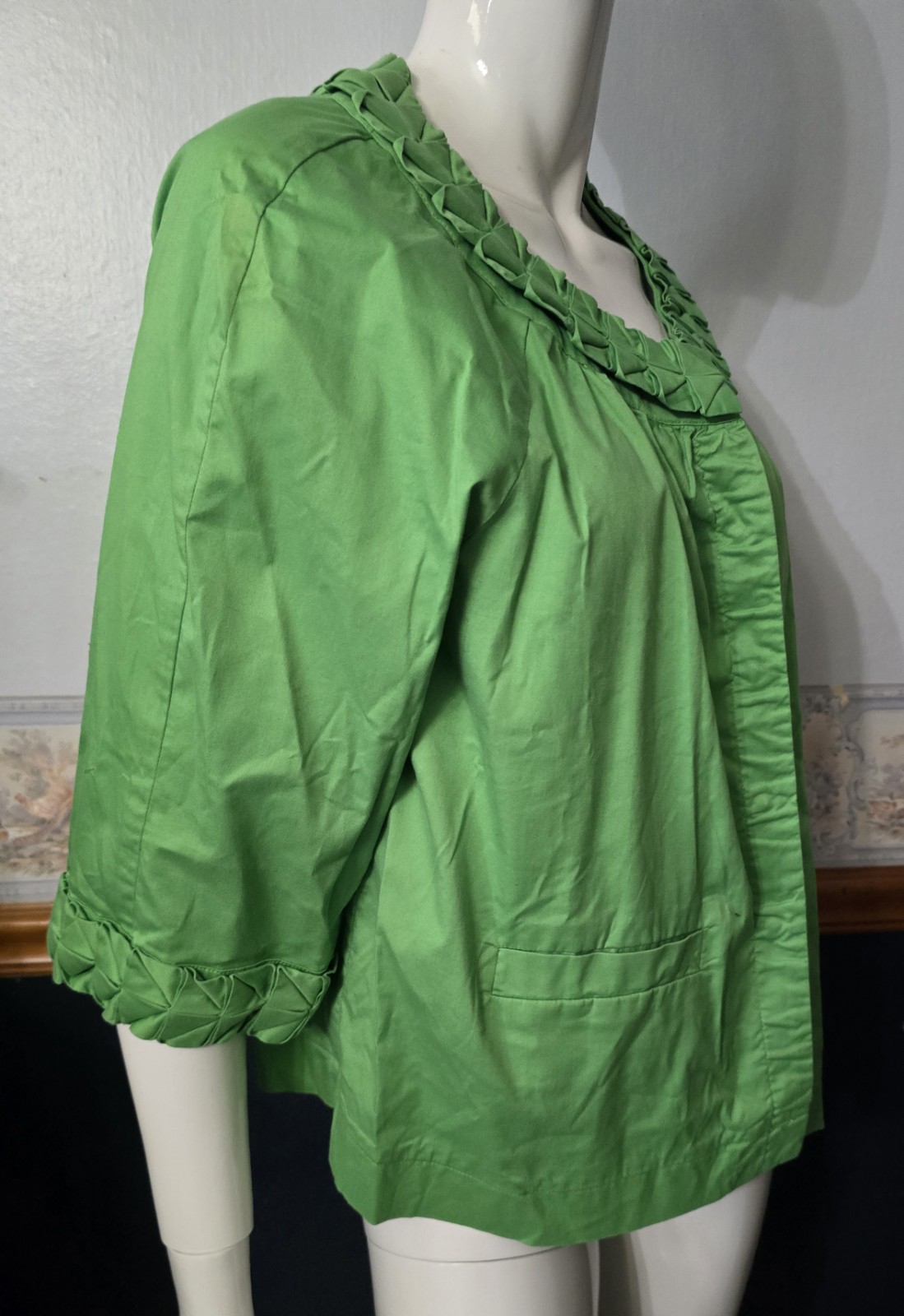 SIMPLY Chloe Dao Green Pleated Collar Jacket 1X Plus Size Cotton Stretch