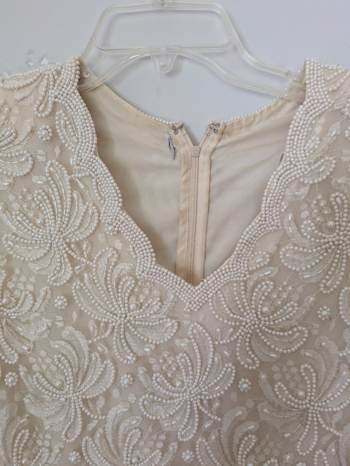 VTG Laurence Kazar Showstopper Pearl & Beaded Dragonfly Lace Ivory Formal Dress