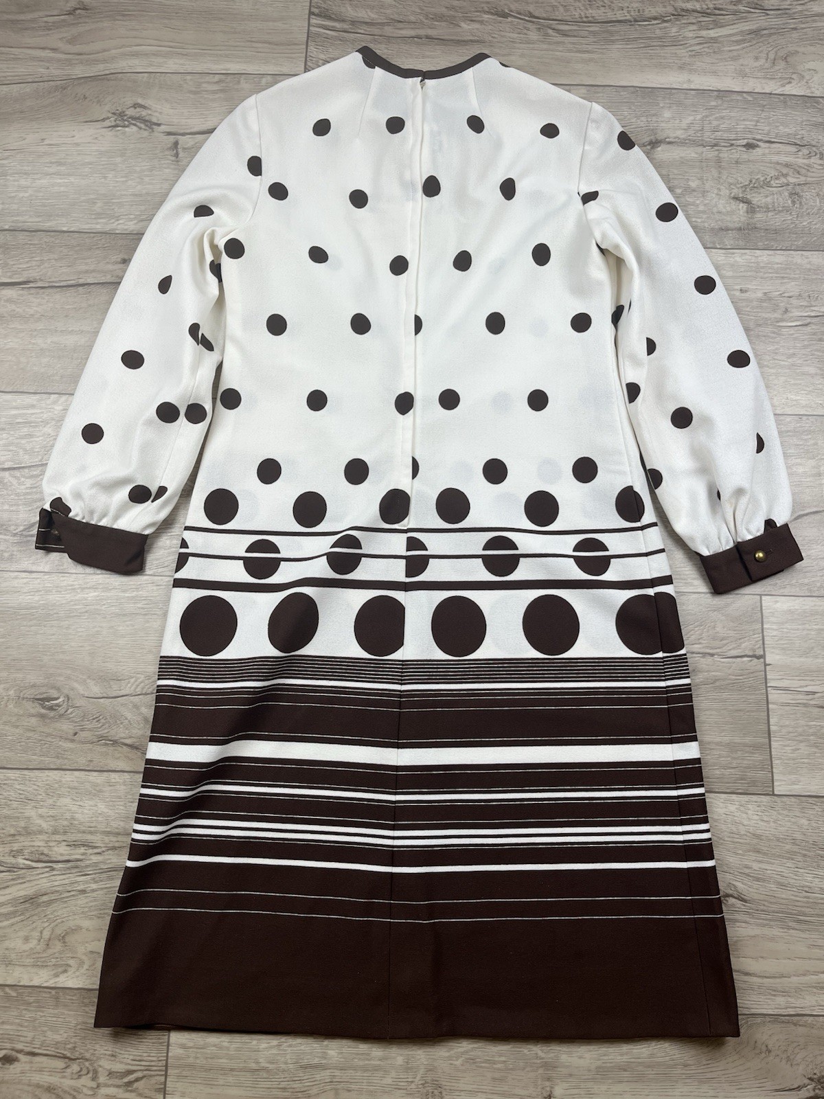 VTG 1960s Mod L’AIGLON Dress Belted Polka Dot Striped Brown White MCM Long Slv