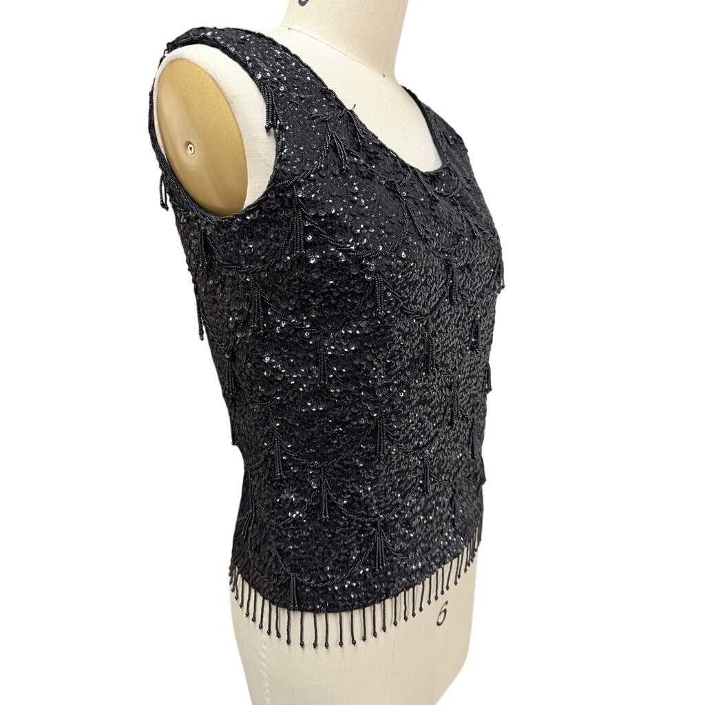 VTG 1950s Black Sequined Beaded Shell Top Wedding Cake Tassels Wool S