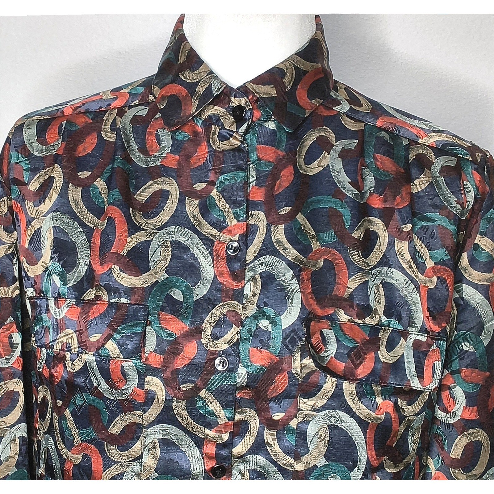 Vintage All Hours Chain Link Blouse Women Small Multicolor Long Sleeve Button Up