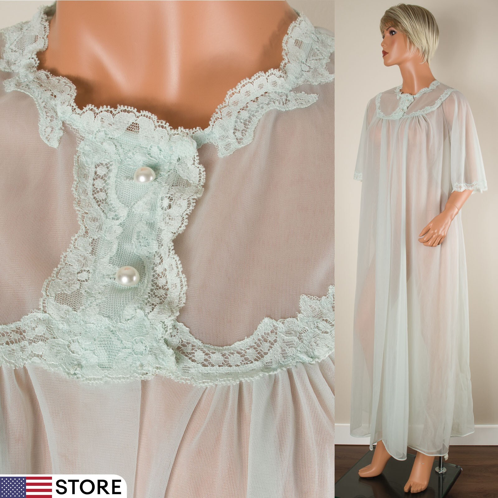 💖 SHADOWLINE Double Chiffon Mint Green Peignoir Robe Gown Nylon Full Length S