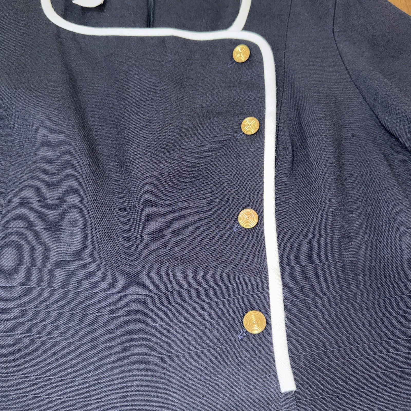 Vintage Navy Sheath Dress Petite 8 Union Made Gold Buttons White Trim Lined