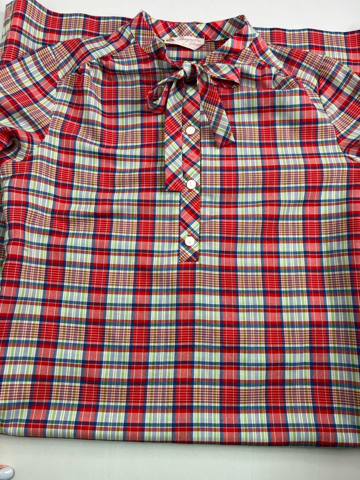VTG Plaid Shift Dress Preppy Classic Button Bow Neckline Magnolia Shoppe Sz Med