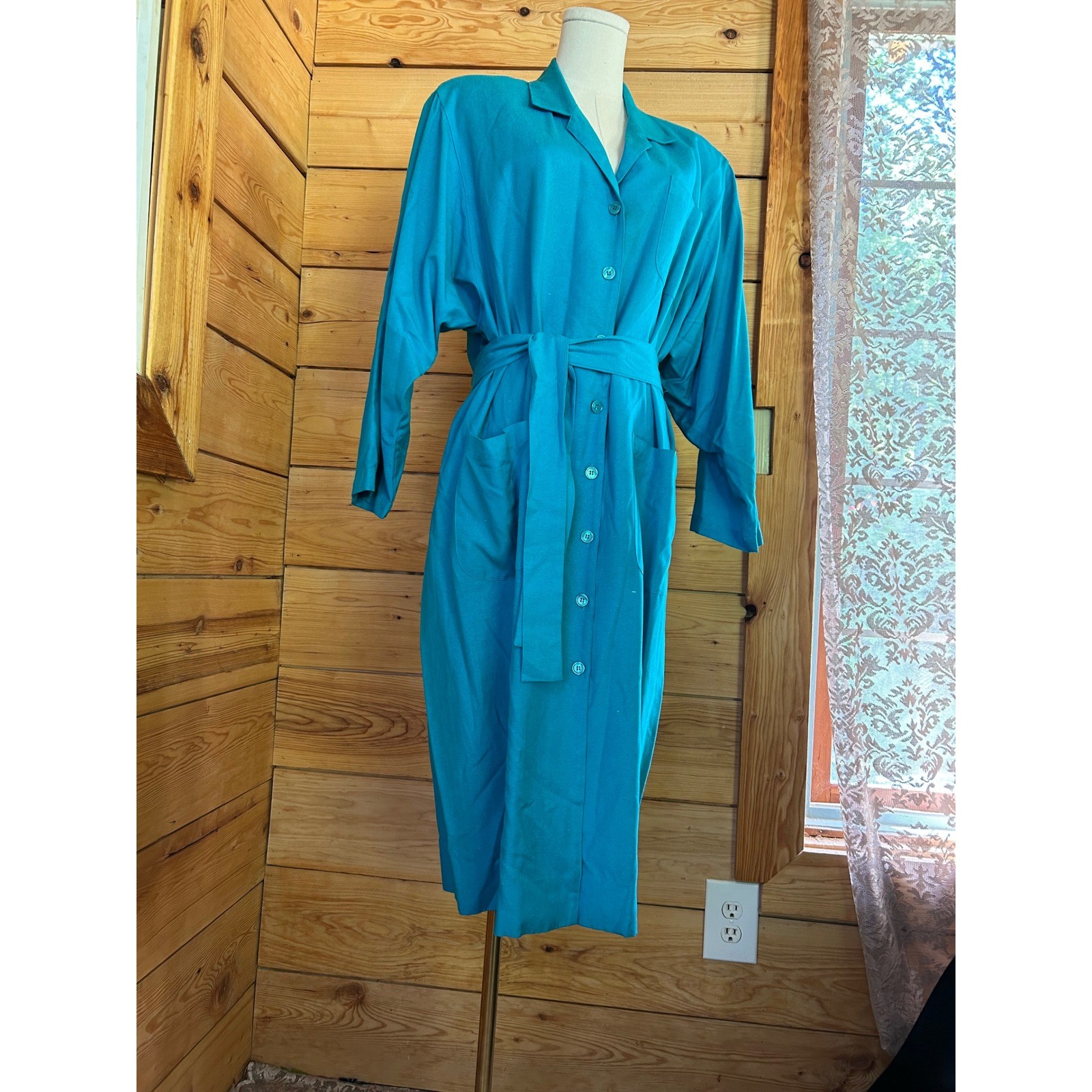 Vintage Silk Shirt Dress Women Size 14 Turquoise Teal Blue Midi Michel Laurent