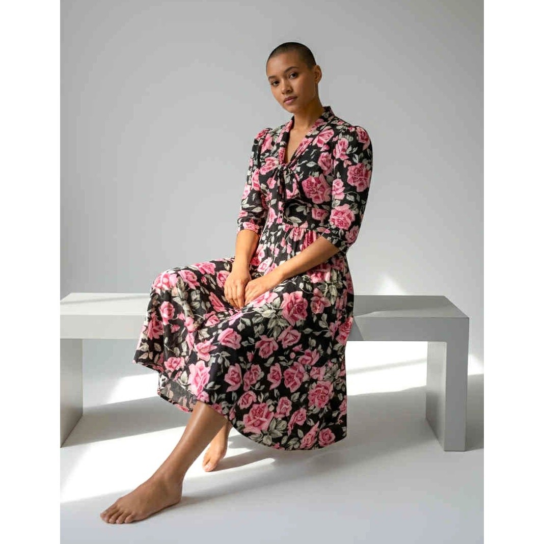 Vintage 1980s Tiona Barrie Pink Black Floral Dress Short Sleeves Size 12 Made US