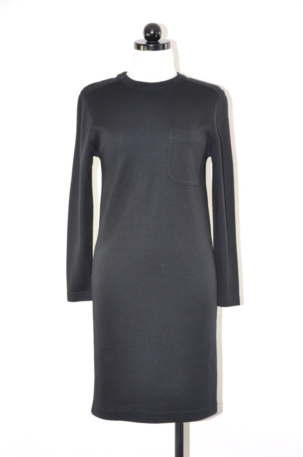 90s Vintage Black Wool Blend Minimalist Long Sleeve Knit Sweater Dress Women XS