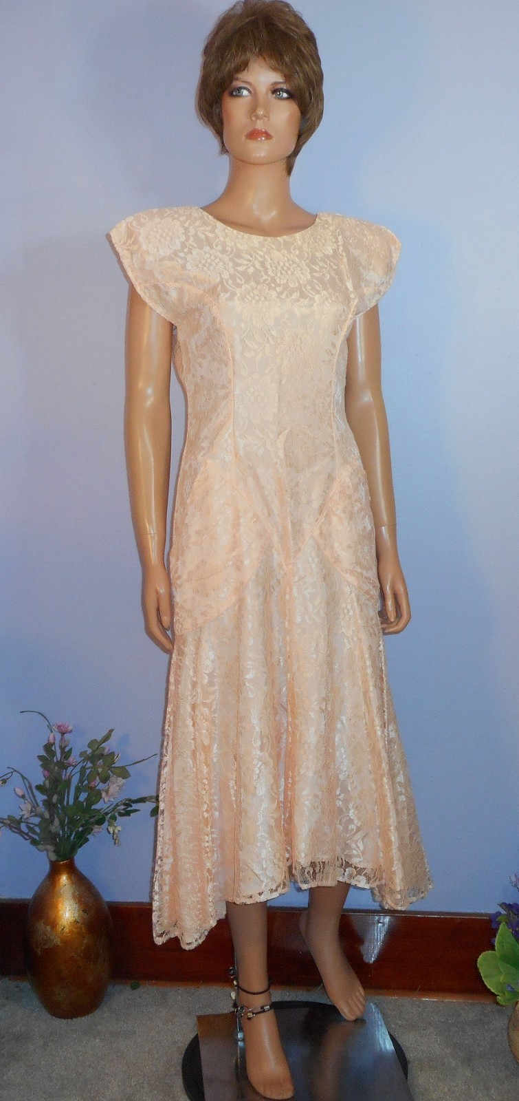 Late ‘80s Zum Zum Elegant Lacy Peach Summer Garden Party/Tea Dress, Mod 7/8