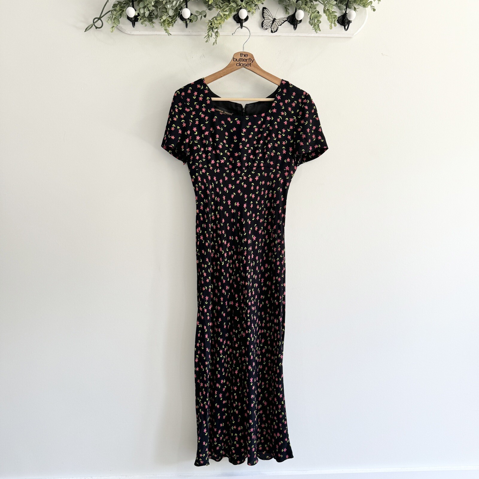 Vintage Y2K 1990s Floral Midi Square Neck Rayon Dress Cottagecore 2 Boho Dainty