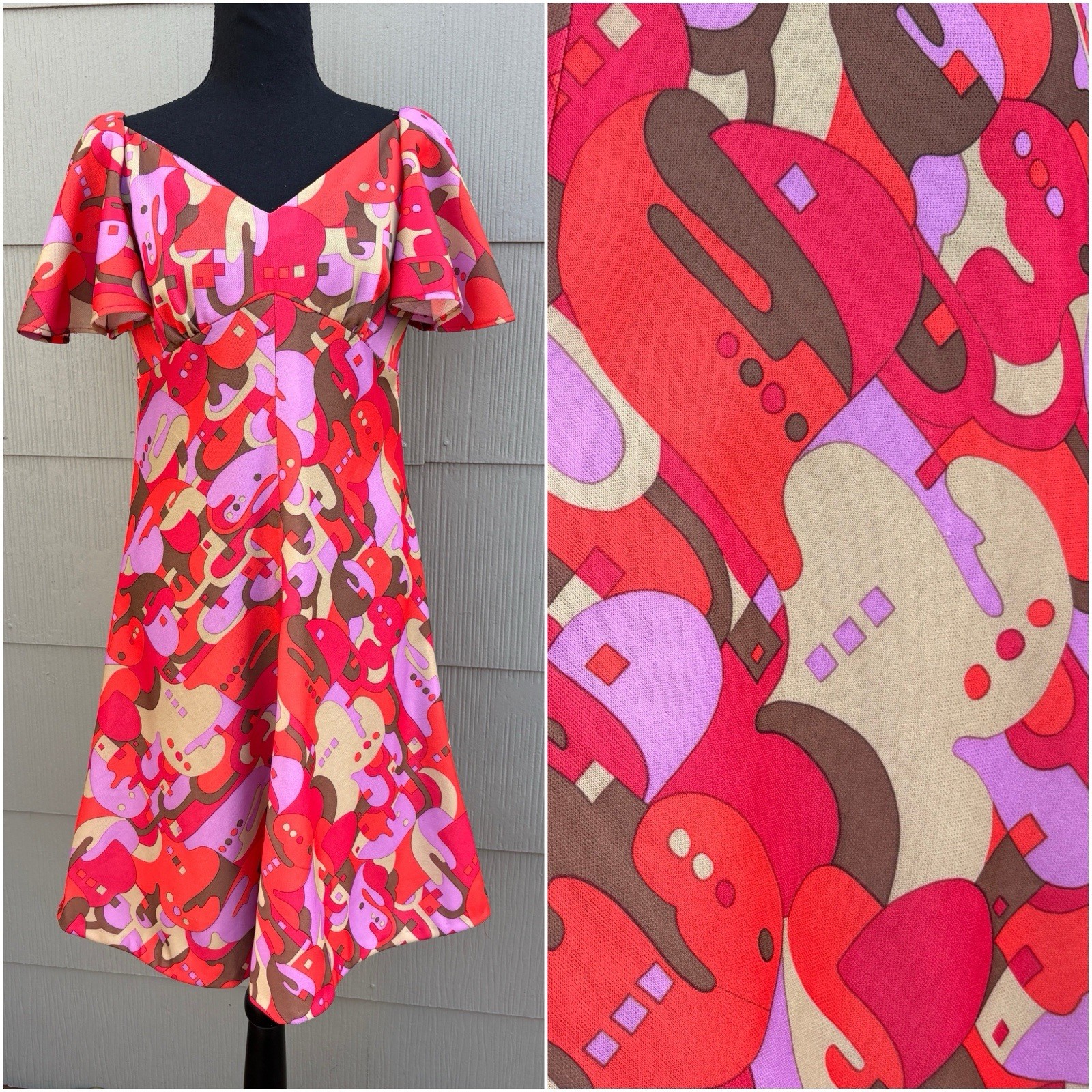 vtg 60s Colorful Geometric Print Flounce Sleeve Psychedelic A-Line Swing Dress