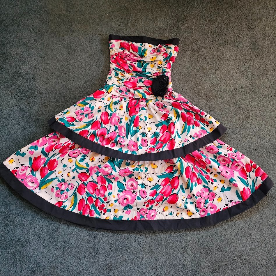 Vtg 1980s Strapless Tulip Floral Cocktail Garden Party SATC Prom Tea Dress S/M