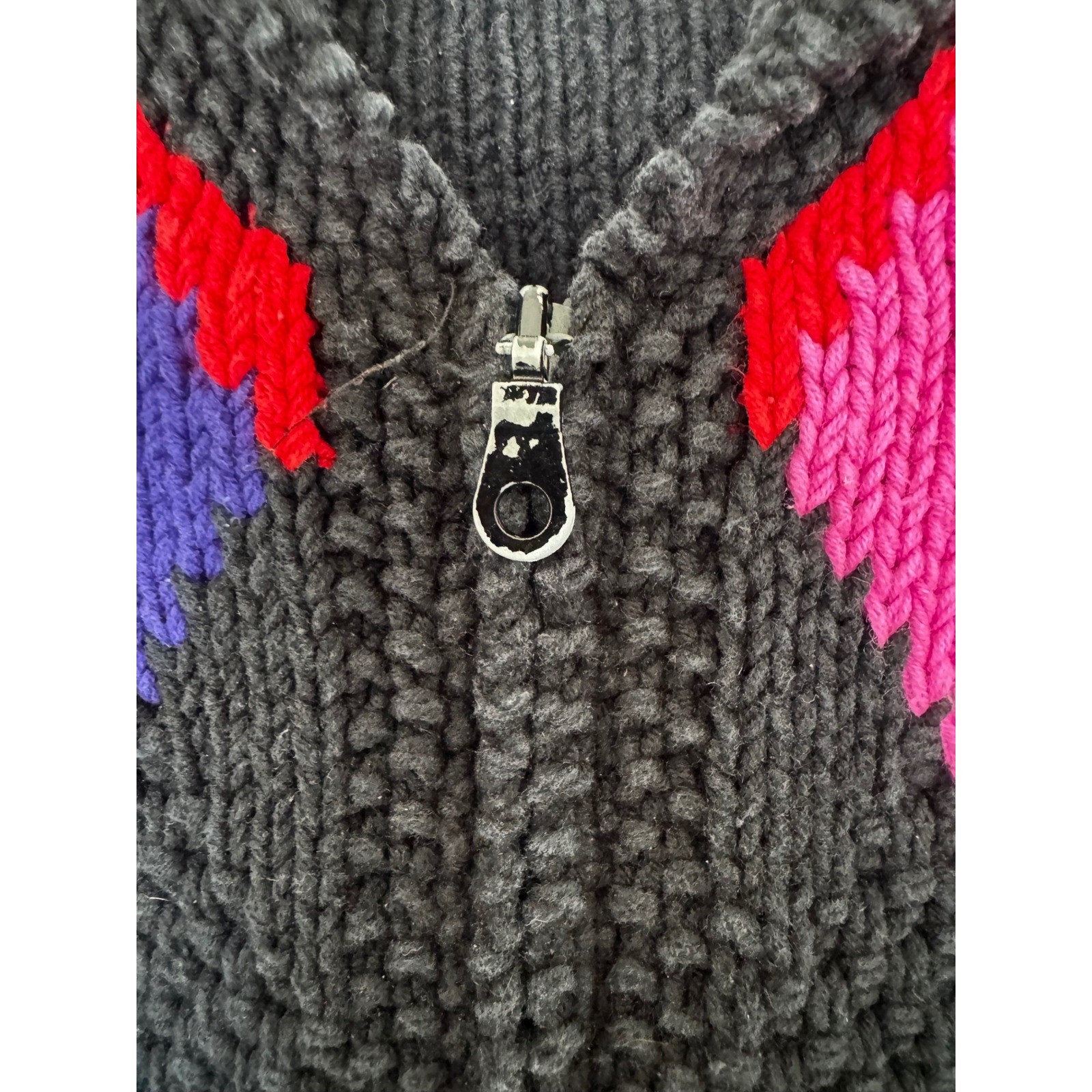VTG Marisa Christina Petite Hand Knit Rainbow Harlequin Zip Cardigan Sweater PP