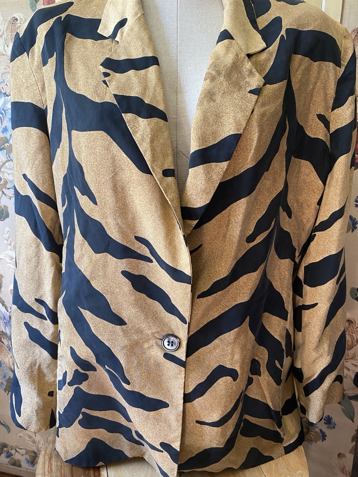 VTG PERRY ELLIS Tiger Animal Print SILK Jacket Blazer Relaxed Fit Sz 14 FAB RARE