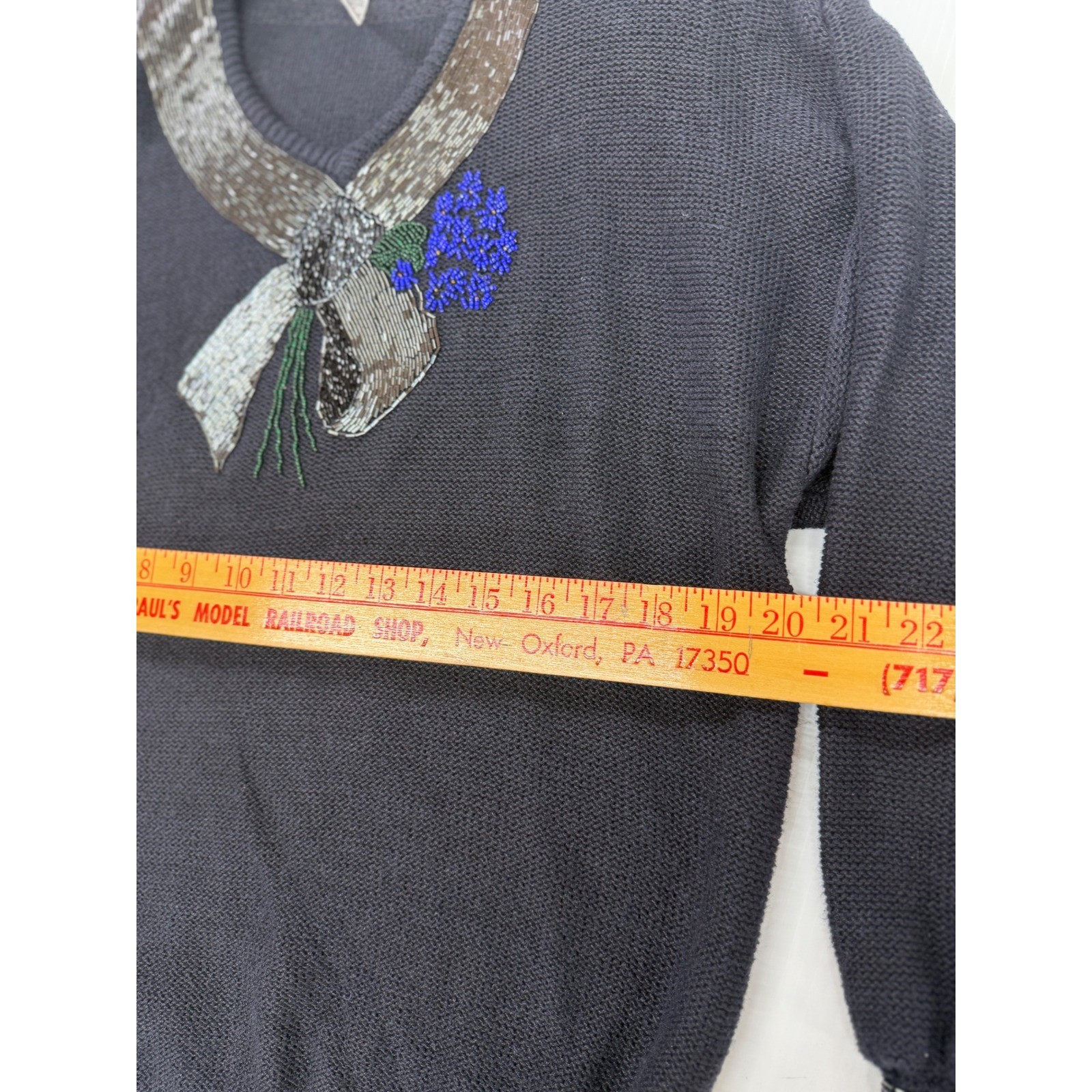 VTG Bonnie Boerer Sweater Black Beaded Sequin Bow Floral Ramie Cotton Womens M