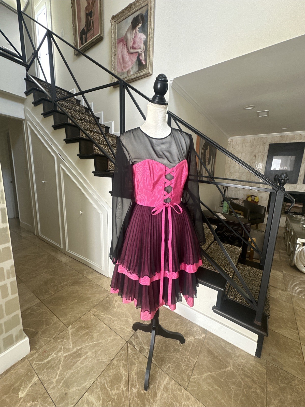 Guy Laroche 80s Pink Moire & Black Chiffon Corseted Tiered Pleated Dress 40