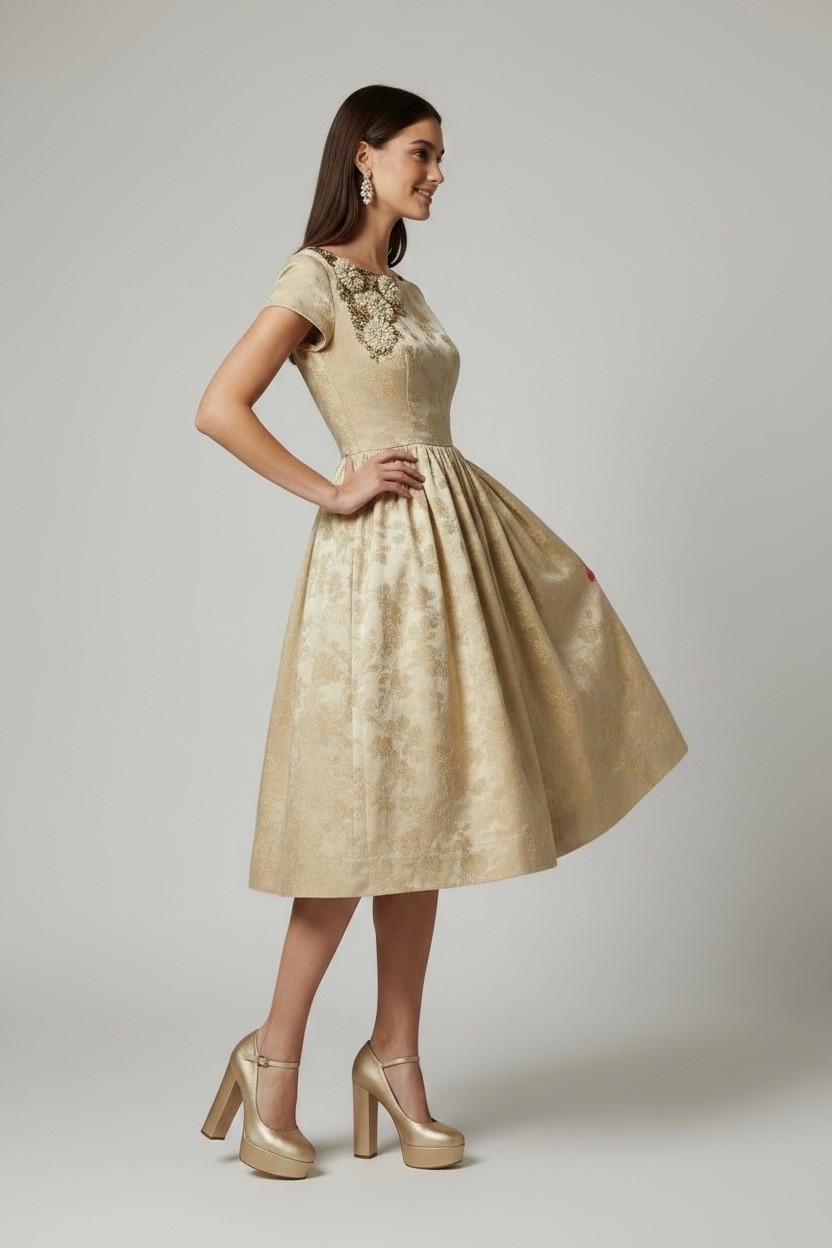 Dress XS Vtg 50s EMBOSSED LEAF BEADED SEQUIN FLORAL Applique PINUP COCKTAIL Gold