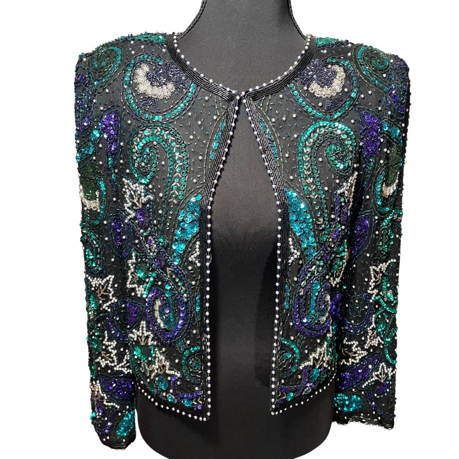 Laurence Kazar VTG Beaded Sequin Silk Paisley Jacket Teal Black PS 80s Glam